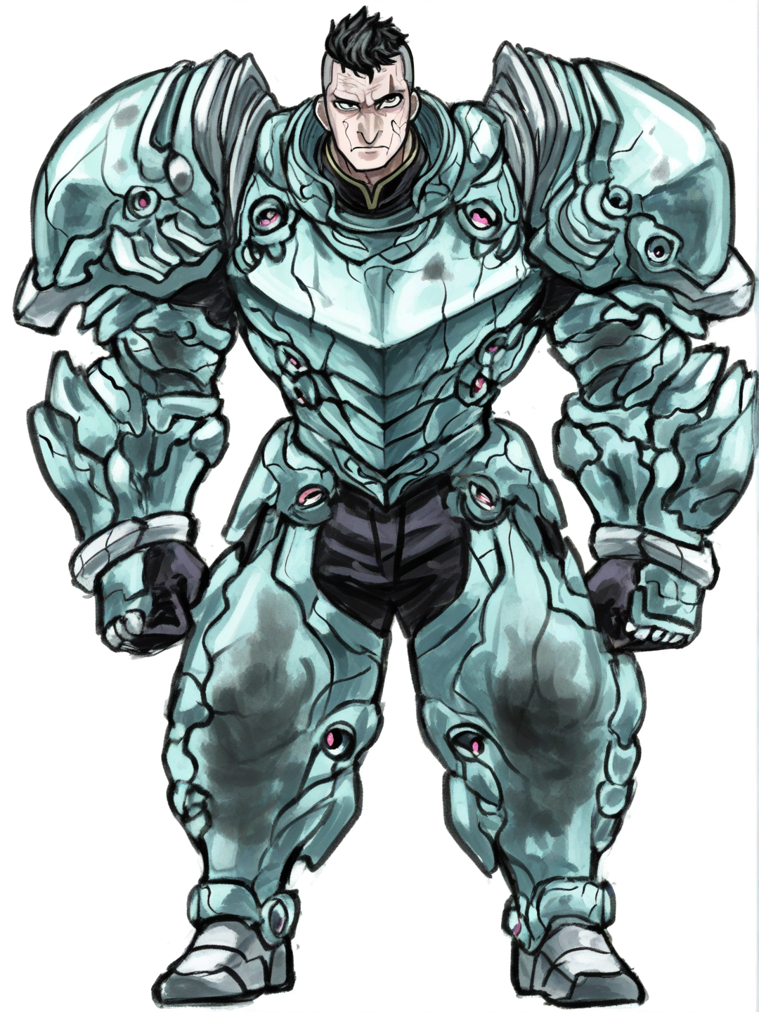 [sketchy-painterly-style]1boy, tall, middle-aged, futuristic heavy armor, turquoise armor, aquamarine accents, lilac accents, military pose, commanding pose, strict face, cold grey eyes, intense gaze, black hair, slight grey hair, hooked nose, damaged armor, burning armor, cut eyebrow, soot on face, single character, full body, looking at viewer, anime style, simple background, white background