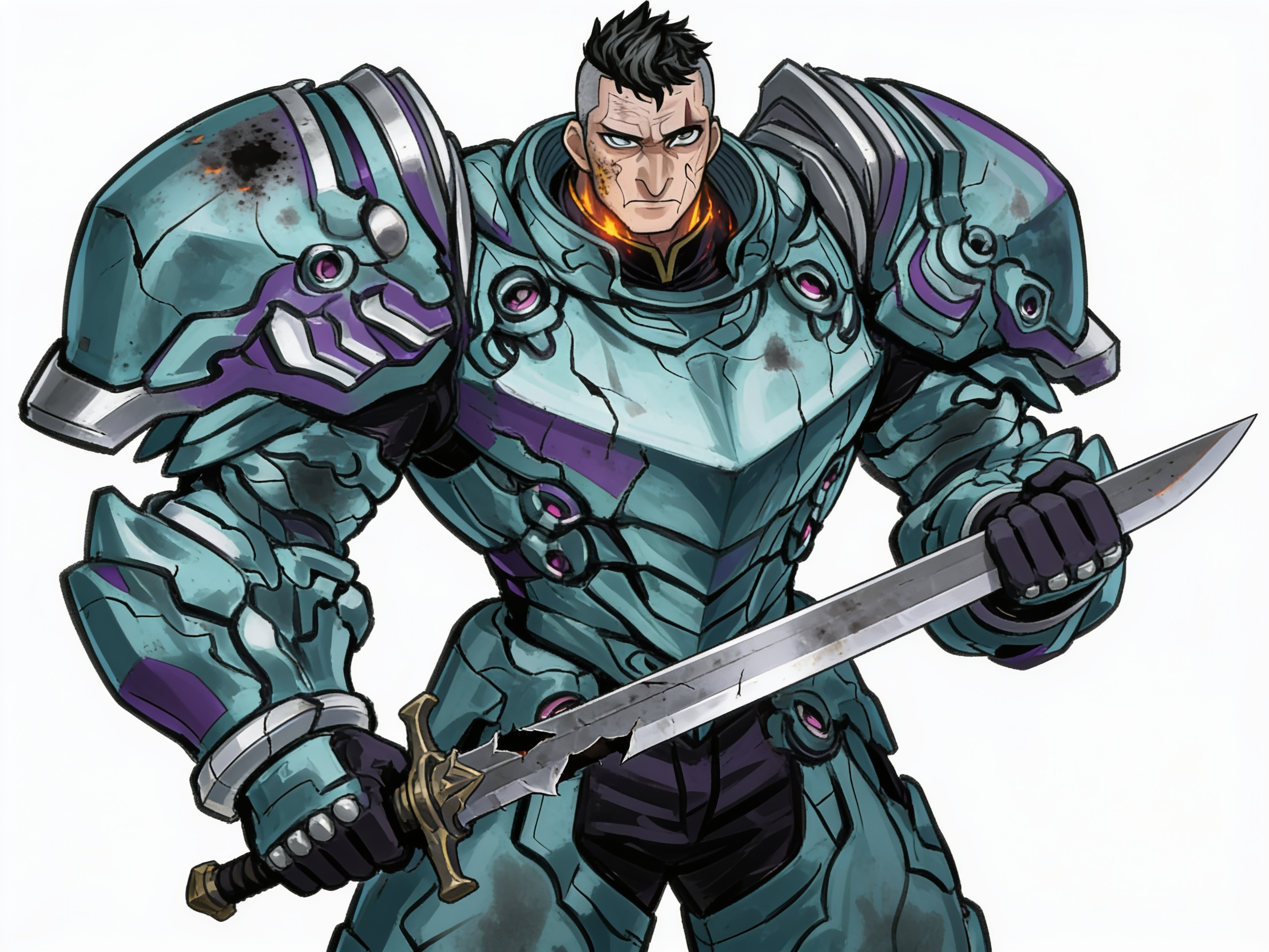 1boy, mid-aged man, heavy futuristic armor, turquoise armor, lilac accents, platinum accents, standing, proud expression, stern expression, emotionless, platinum eyes, intense gaze, short black hair, streaked hair, greying hair, military posture, commanding presence, damaged armor, burning armor, soot on face, scarred eyebrow, broken broadsword, realistic style, epic style, single character, full body, looking at viewer, anime style, simple background, white background, anime style