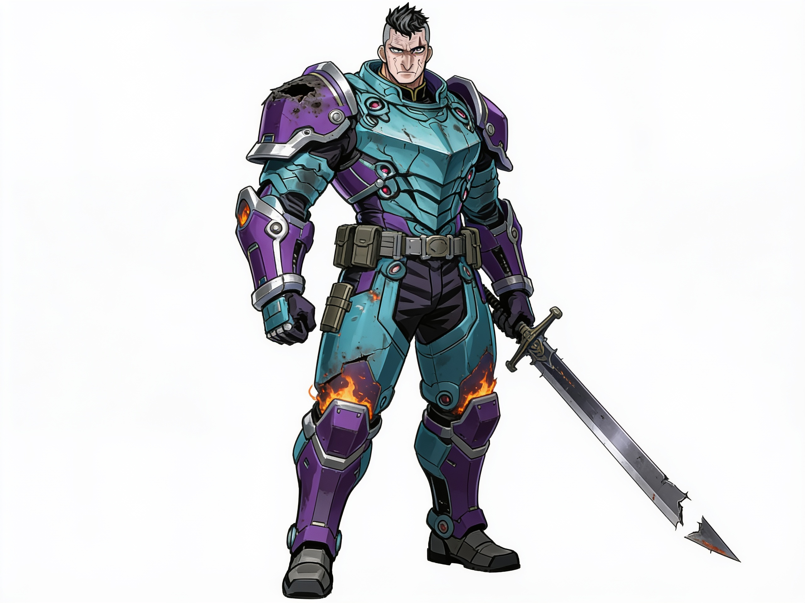 1boy, mid-aged man, heavy futuristic armor, turquoise armor, lilac accents, platinum accents, standing, proud expression, stern expression, emotionless, platinum eyes, intense gaze, short black hair, streaked hair, greying hair, military posture, commanding presence, damaged armor, burning armor, soot on face, scarred eyebrow, broken broadsword, realistic style, epic style, single character, full body, looking at viewer, anime style, simple background, white background, anime style