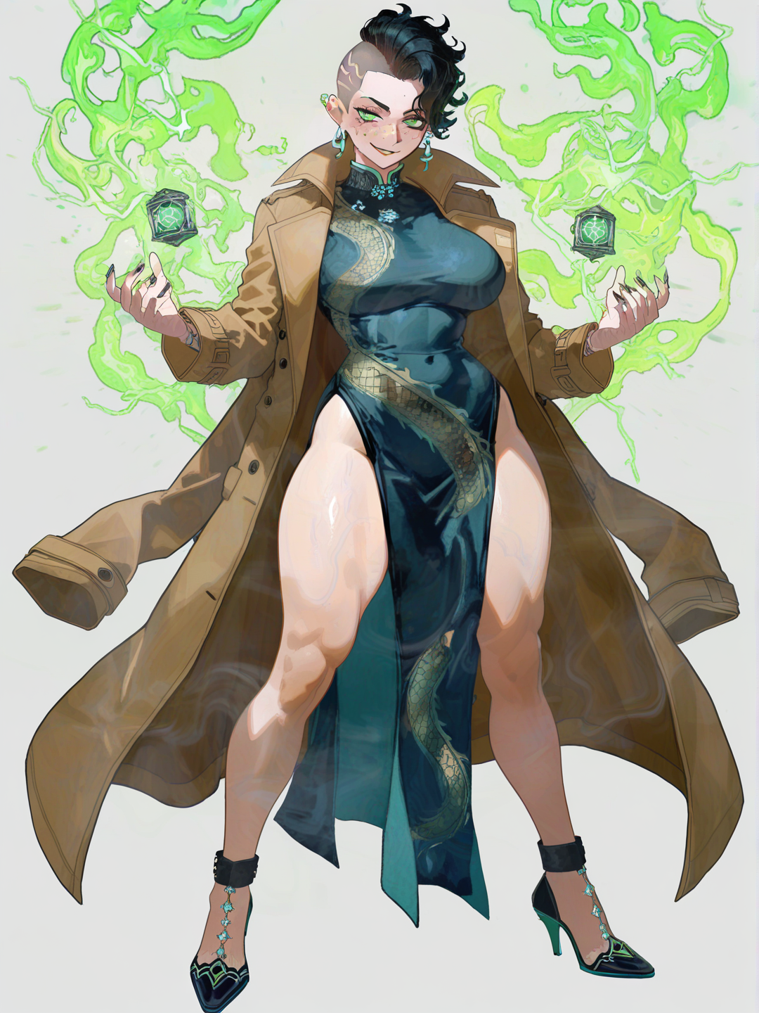 [watercolor-illustration-style]1girl, chiseled jawline, dark messy mohawk, intense green eyes, lean athletic build, stylish fitted trench coat, slight enigmatic smirk, delicate silver earring, smooth unblemished skin, long elegant fingers, mature, curvy, freckles, fair skin, single character, full body, looking at viewer, anime style, simple background, white background