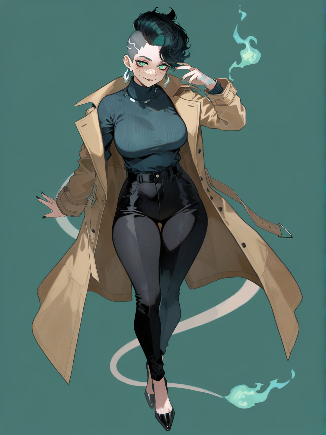 [watercolor-illustration-style]1girl, chiseled jawline, dark messy mohawk, intense green eyes, lean athletic build, stylish fitted trench coat, slight enigmatic smirk, delicate silver earring, smooth unblemished skin, long elegant fingers, mature, curvy, freckles, fair skin, single character, full body, looking at viewer, anime style, simple background, white background
