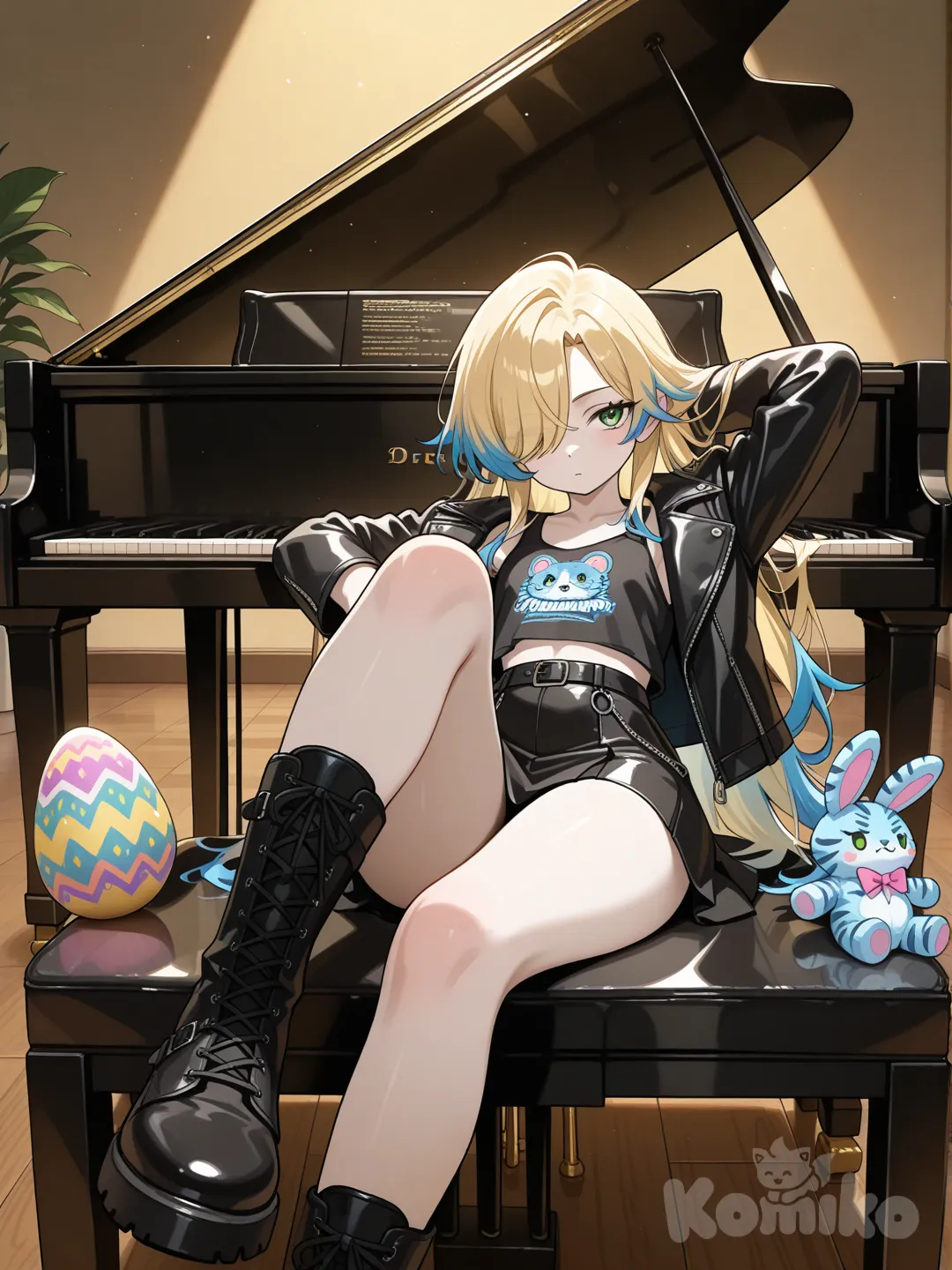 “A high-detail, 2D anime-style digital illustration of Dre Alexandra during a dramatic photoshoot. She is lying across the top of a grand piano in a dimly lit studio, lit by soft golden spotlights that create sculpted shadows. Dre is a 5'0'' tall woman with an athletic, lean-muscle build, pale skin, long blonde hair with blue streaks, and striking green eyes.
She wears her signature black tank top, black leather jacket draped open, and a short black skirt with combat boots. Her hair falls over one eye in a slightly wild, rock-star style. Dre’s pose is confident and effortlessly cool — one arm resting behind her head, the other draped across the piano lid.
The piano is glossy black, reflecting the colored studio lights. Bean, her small blue tiger plushie, sits on the piano near her hand as a subtle Easter egg. The background fades into soft darkness with hints of studio lights and haze, giving a moody, artistic atmosphere.
Overall mood: rebellious, intimate, artistic, and musical.”
