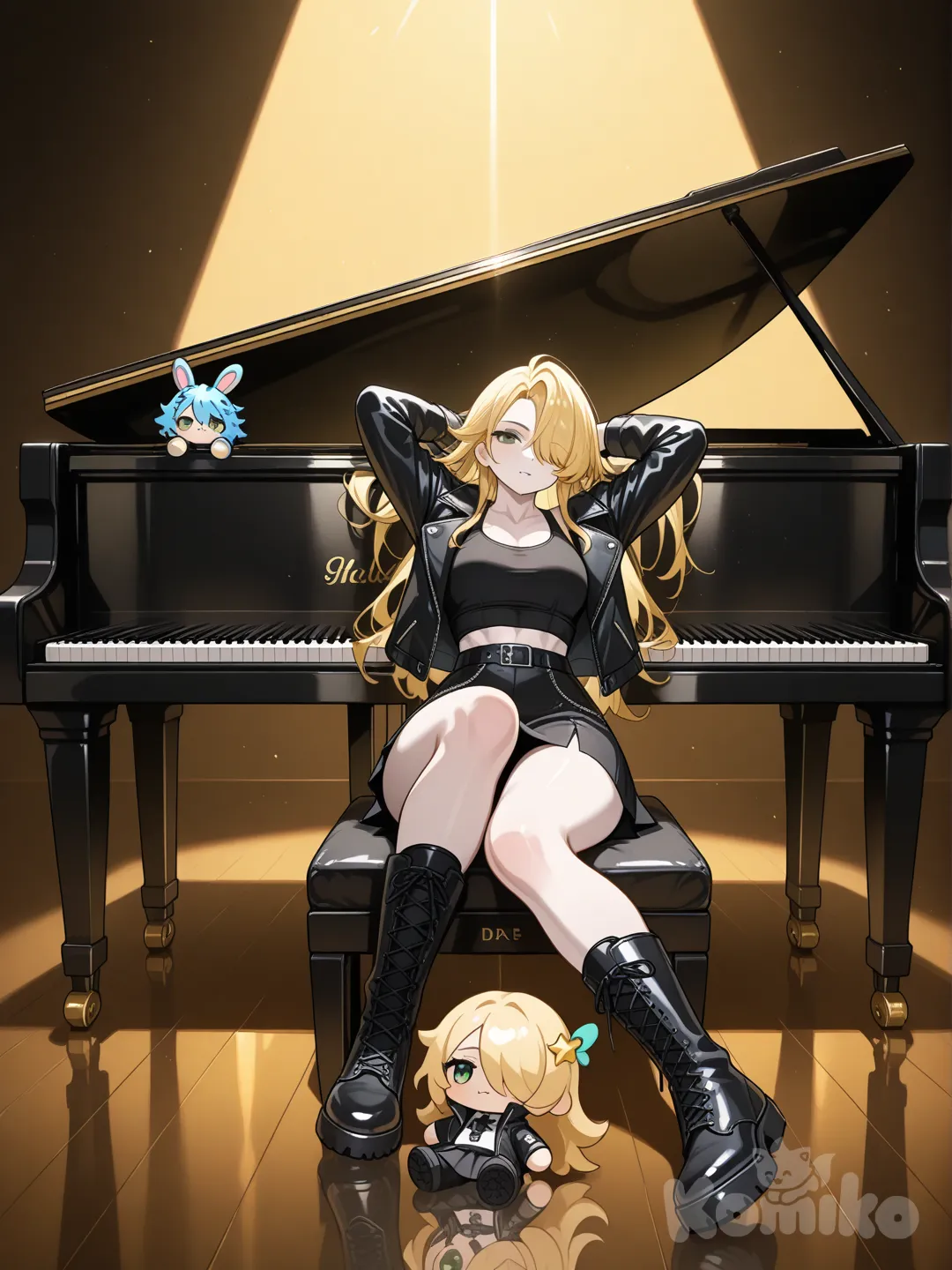 “A high-detail, 2D anime-style digital illustration of Dre Alexandra during a dramatic photoshoot. She is lying across the top of a grand piano in a dimly lit studio, lit by soft golden spotlights that create sculpted shadows. Dre is a 5'0'' tall woman with an athletic, lean-muscle build, pale skin, long blonde hair with blue streaks, and striking green eyes.
She wears her signature black tank top, black leather jacket draped open, and a short black skirt with combat boots. Her hair falls over one eye in a slightly wild, rock-star style. Dre’s pose is confident and effortlessly cool — one arm resting behind her head, the other draped across the piano lid.
The piano is glossy black, reflecting the colored studio lights. Bean, her small blue tiger plushie, sits on the piano near her hand as a subtle Easter egg. The background fades into soft darkness with hints of studio lights and haze, giving a moody, artistic atmosphere.
Overall mood: rebellious, intimate, artistic, and musical.”