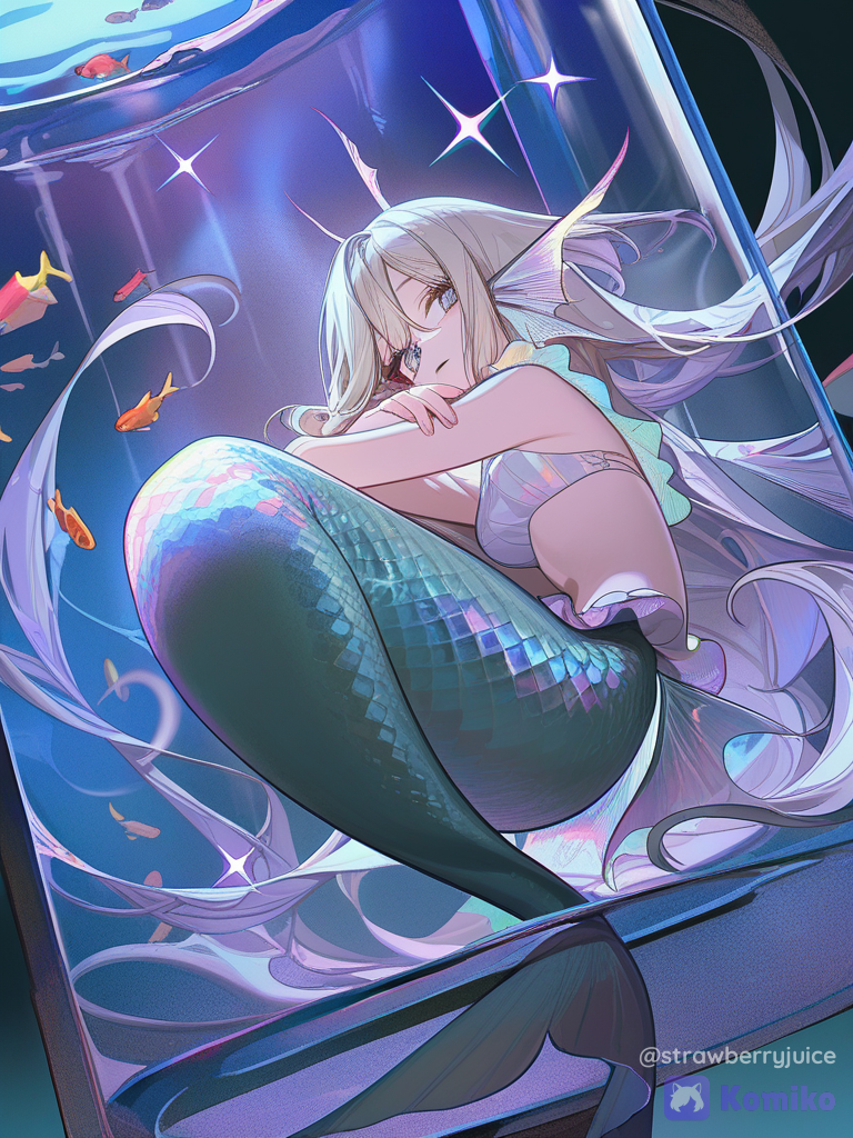 [high-contrast-glossy-style], 1 woman, betta fish tail, large frilly fins, mermaid, in tiny fish bowl, floating, long hair, lipstick, eyeliner, sparkle