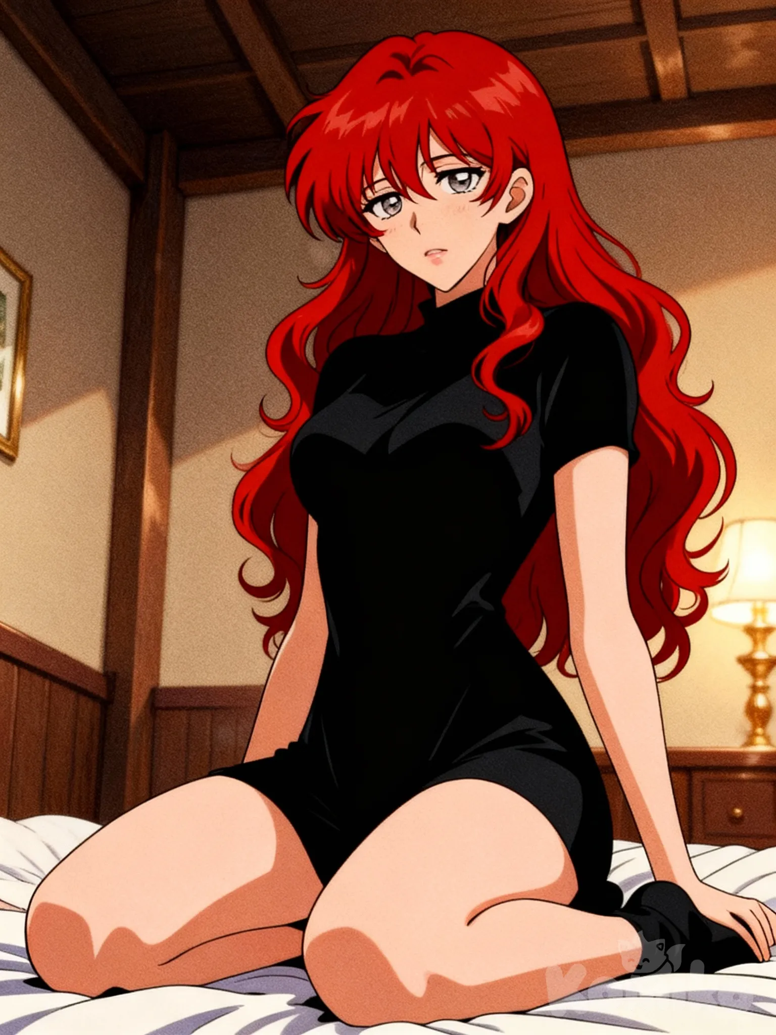 1girl, Wavy hair, long hair, crimson hair, black clothes , [retro-anime-style]