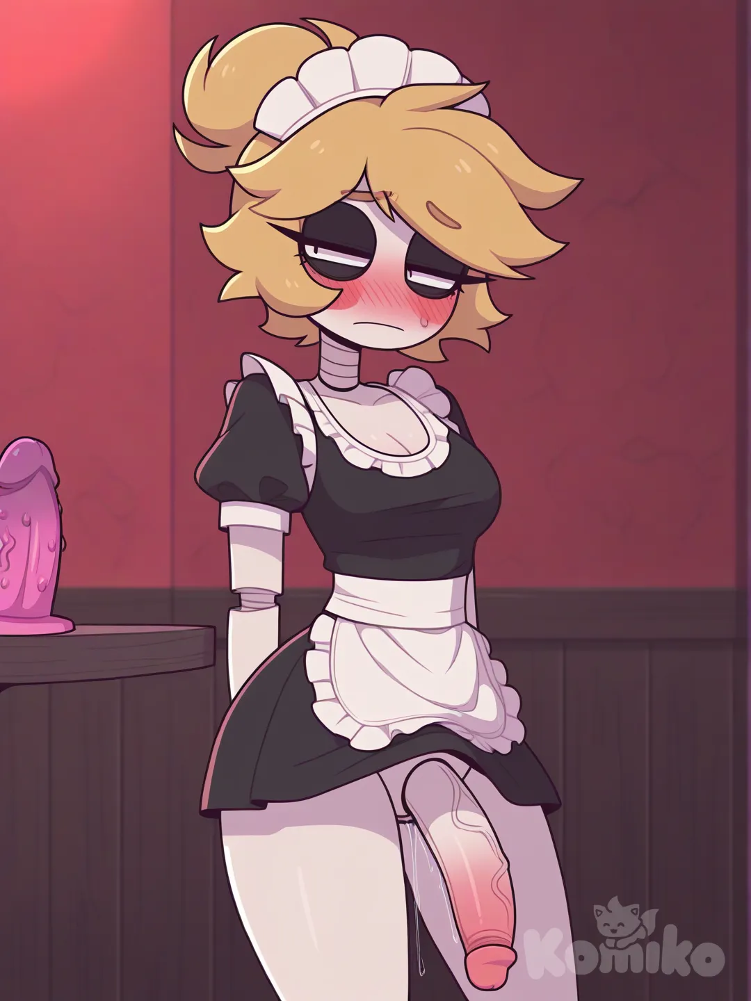 Haz una imagen de Whitered Chica animatronica de Fnaf2,donde en la imagen ella tenga un traje de Maid que le queda corto y se le ve una poya enorme y que este usando un consolador, [pop-toon-style]
