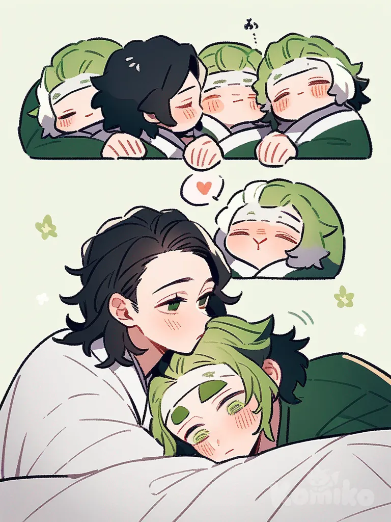 Kimetsu no yaiba, personajes despertando por la mañana. Dos personajes de cabello blanco mismo diseño uno besa en la mejilla al de pelo verde, quien se sonroja ligeramente solo en la mejilla besada. Un personaje de cabello negro está a un lado, recostado entre las sábanas, asomando la cabeza apoyada en el regazo del personaje de cabello verde, mientras la otra de cabello blanco lo abraza.respeta El estilo de dibujo kimetzunoyaiba