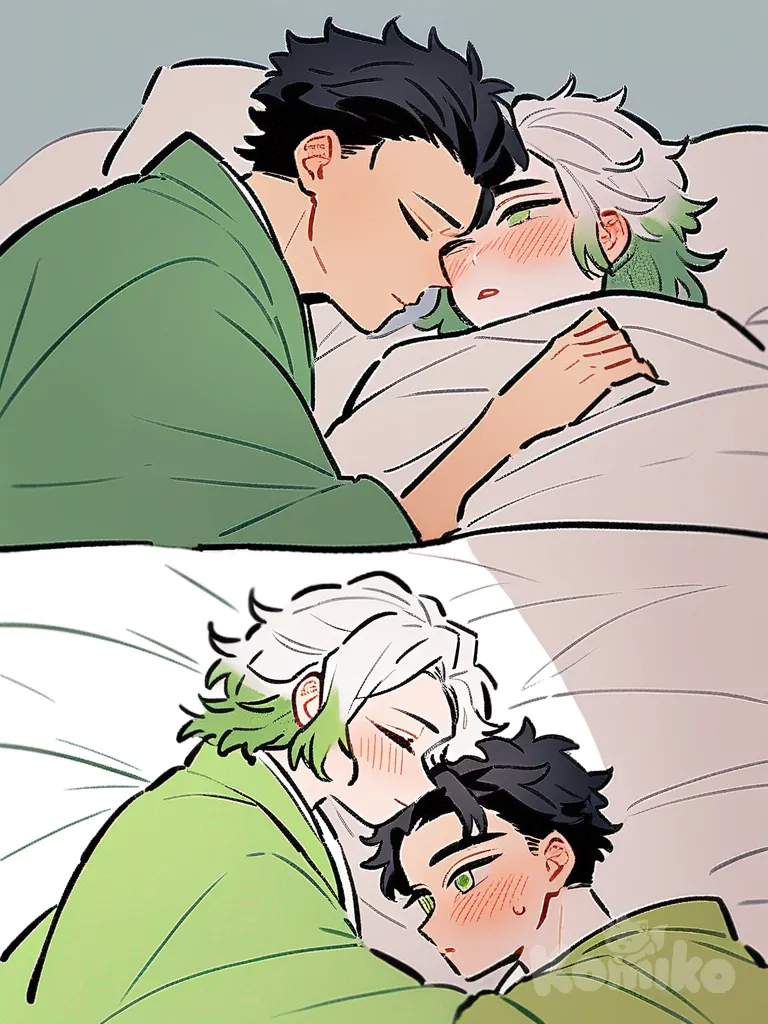 Kimetsu no yaiba, personajes despertando por la mañana. Dos personajes de cabello blanco mismo diseño uno besa en la mejilla al de pelo verde, quien se sonroja ligeramente solo en la mejilla besada. Un personaje de cabello negro está a un lado, recostado entre las sábanas, asomando la cabeza apoyada en el regazo del personaje de cabello verde, mientras la otra de cabello blanco lo abraza.respeta El estilo de dibujo kimetzunoyaiba , q la imagen tenga perspectiva lateral