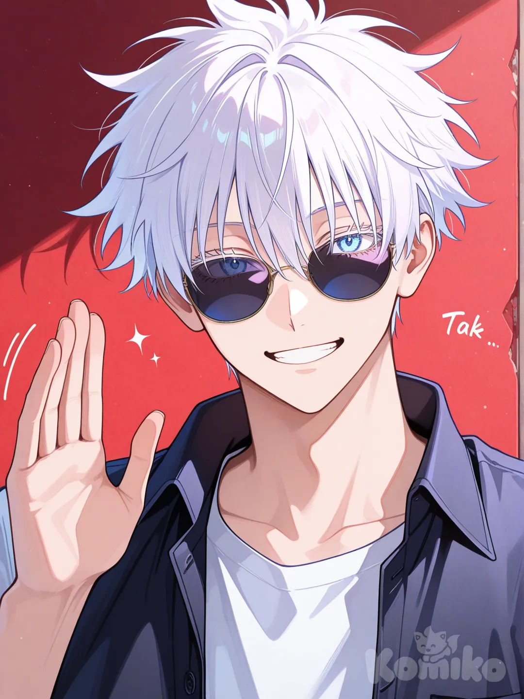 @Gojou_Satoru, waving, vest, portrait