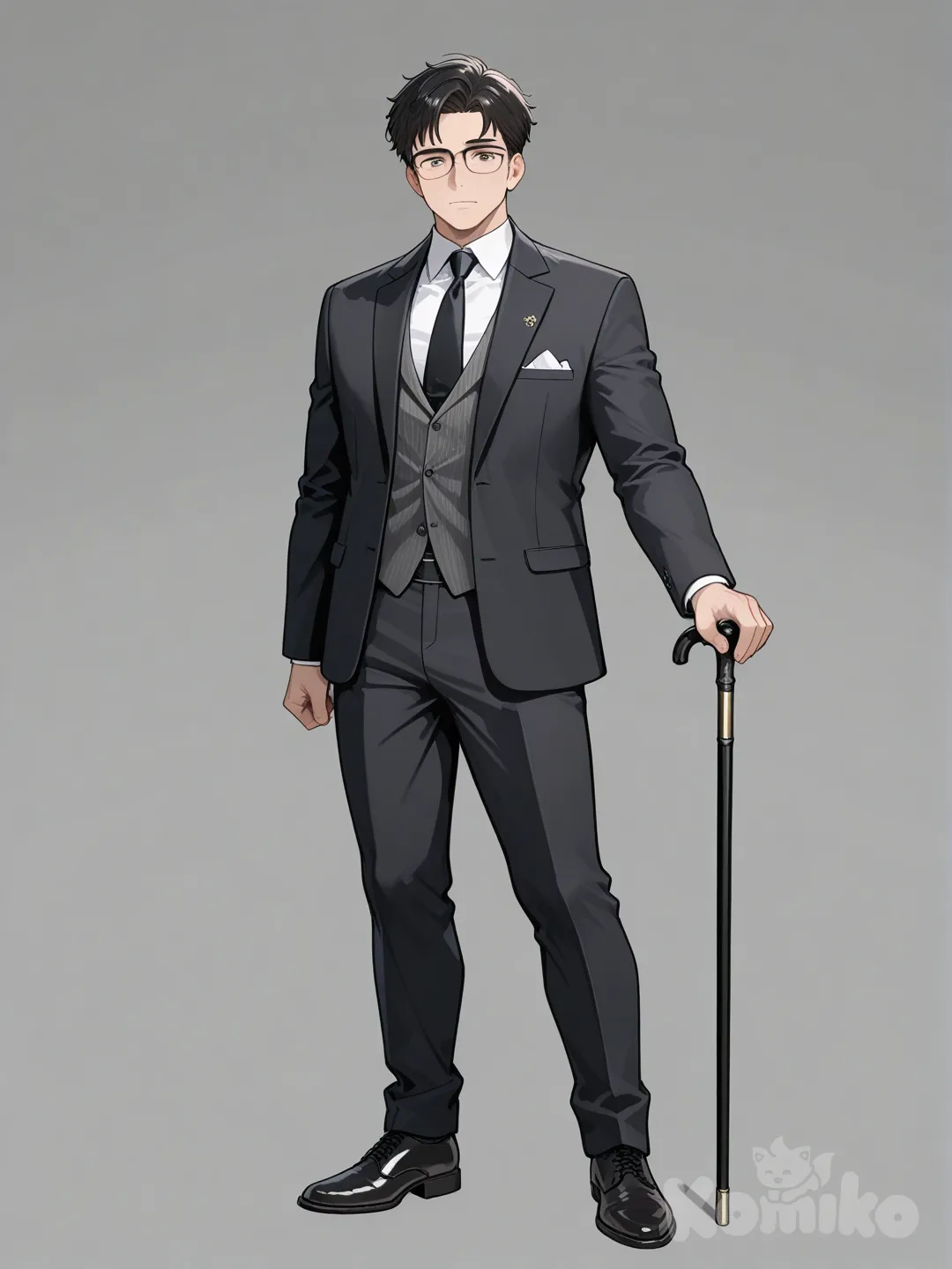 A blind man with a stick and glasses posing with a peace symbol and a suit