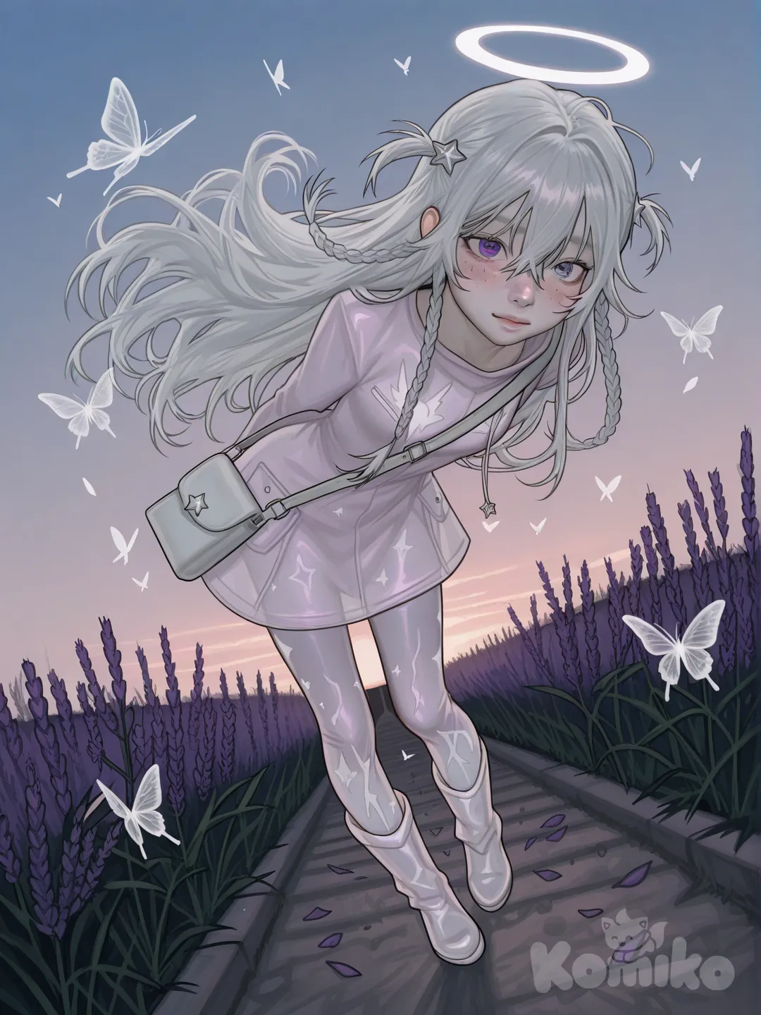 1girl, dreamy soft sci-fi realism, gentle glowing ambient light, holographic particle effects, highly child character, ethereal backlighting

Facial features: round soft heart-shaped face, porcelain skin with faint pearlescent glow, heterochromia eyes — left pale lavender, right turquoise with subtle circuit-like shimmer, large glossy eyes full of wonder, small delicate nose, soft rosy lips, faint star-like freckles across cheeks, gently arched thin eyebrows, innocent calm expression, curious slightly shy gaze

Hair: moon-white fading into starlit blue tips, long but slightly shorter than adult version, weightless floating strands, tiny braids framing face, soft halo of light around head

Appearance & expression: playful and innocent, small gentle smile, delicate posture stepping lightly forward, subtle floating holographic butterflies around her, aura of quiet curiosity and wonder, soft particle light reflecting off hair

Outfit: pastel lavender oversized tunic with subtle silver holographic trim, cream leggings, small metallic silver boots with faint glow, tiny floating holographic satchel, small star-shaped hair clips, background of soft twilight garden with drifting holographic petals, gentle bokeh lights, dreamy childlike atmosphere, [digital-painterly-style]