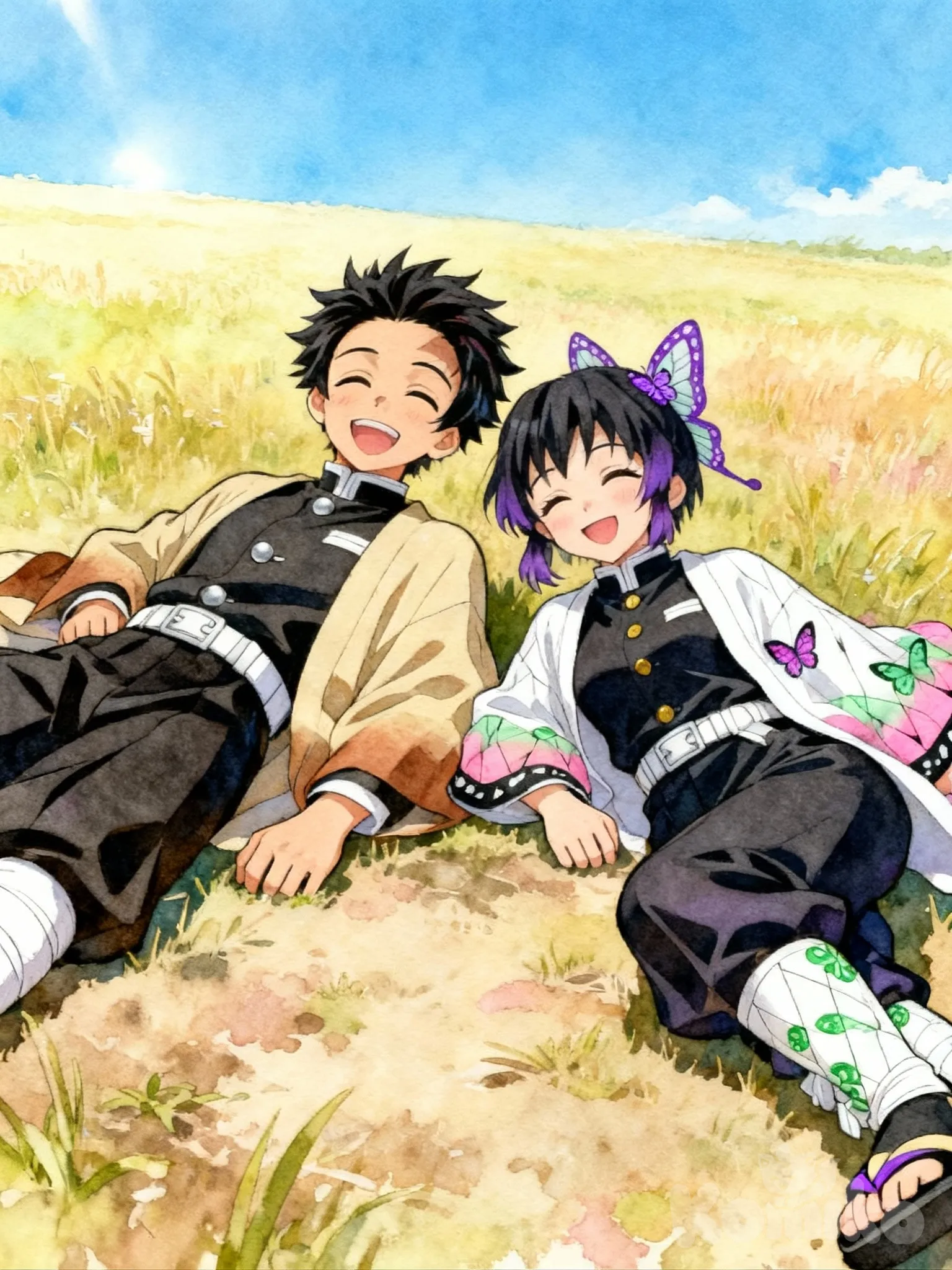 @kage-uodc, @Kochou_Shinobu, [soft-pastel-style], sitting on the ground, lie on stomache, smile, demon slayer uniform. , field, blue sky