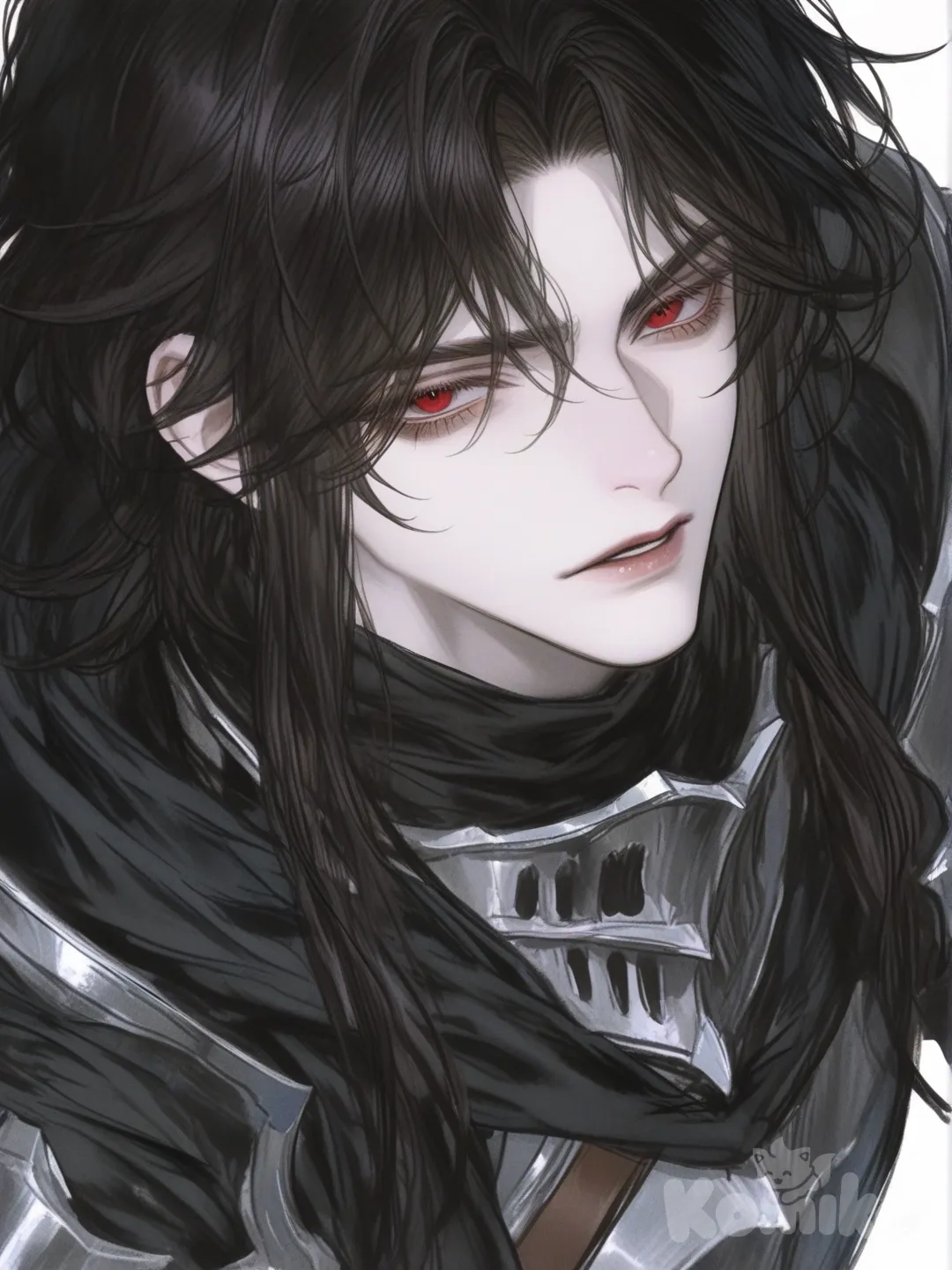 [semi-realistic-portrait-style] 1boy, mature, tall, muscular, black_hair, long_hair, red_eyes, pale_skin, dark_knight_armor, lineart, anime_coloring, single character, full body, looking at viewer, anime style, simple background, white background