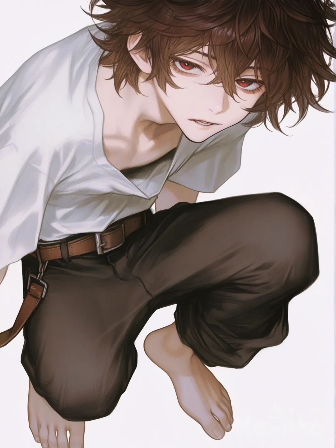 [semi-realistic-portrait-style] 1boy, reddish-brown hair, messy hair, lean body, red-brown eyes, fair skin, loose long white shirt, black baggy pants, belt, single character, full body, looking at viewer, anime style, simple background, white background