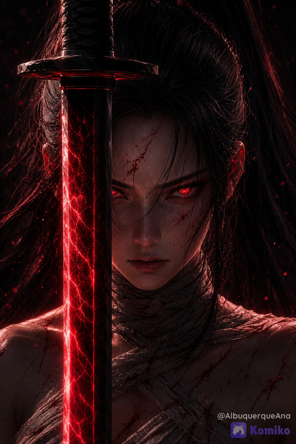 ee6f4f1a-0e3b-4c2a-b402-6ec960ee9c7e
ultra-absurd resolution, cinematic lighting, dark fantasy, semi-realistic anime, highly realistic rendering, extremely refined illustration, professional concept art, sharp focus, physically plausible lighting, volumetric lighting, ray-traced reflections, global illumination, ultra high detail, intricate textures, realistic skin shading, HDR, dramatic composition, deep contrast, dark crimson color palette. A breathtaking close-up portrait of @serena-IorL, an adult female swordswoman standing in a dominant and merciless pose. She radiates overwhelming authority, absolute confidence and ruthless determination. Her expression is cold, emotionless and intimidating, as if calmly judging her opponent before delivering the final strike. She is neither screaming nor enraged—only perfectly composed, relentless and terrifying. The composition is an extreme close-up, with her face perfectly centered in the frame. Her head is slightly lowered while her eyes look directly into the viewer, creating intense eye contact. The viewer feels as though they are standing before an unbeatable warrior. A long katana is held perfectly vertical directly in front of her face, dividing the composition almost symmetrically. The blade remains exactly aligned with the center of the image, partially obscuring one side of her face while emphasizing the visible eye. Her eyes are the primary focal point. Both irises emit an intense crimson glow, appearing almost supernatural. The glow is powerful yet elegant, illuminating her eyelids and eyelashes with subtle red reflections. Tiny crimson particles and faint energy flicker inside the irises, creating the impression of immense contained power. Her pupils remain razor sharp. Her eyebrows are slightly lowered, enhancing an expression of absolute dominance. Her lips remain relaxed and slightly closed, without smiling. Hair Serena has very long jet-black hair tied into a high ponytail. The ponytail extends well beyond her shoulders, flowing naturally behind her. The hair possesses high-end photorealistic rendering: thousands of individually rendered strands
physically accurate anisotropic reflections
soft secondary flyaway hairs
realistic strand thickness variation
subtle humidity from battle
silky but slightly rough texture
natural volume
layered hair structure
accurate root direction
believable gravity
soft movement from a gentle wind The crimson illumination from the sword creates subtle red rim lighting along portions of the hair while most of it remains naturally black. No clumped AI-looking strands. No plastic appearance. No excessive shine. The hair should look like professionally rendered CGI hair with realistic fiber behavior. Face Her face is elegant, mature and beautifully proportioned. Perfect facial anatomy. Balanced cheekbones. Straight nose. Natural jawline. Slight battle scratches across the face. A thin scar crossing the forehead. Small traces of dried blood. Natural pores. Subtle skin texture. Extremely realistic skin shading. Subsurface scattering. Soft ambient occlusion around facial features. Her expression must communicate: merciless
unstoppable
fearless
dominant
calm under pressure
supreme confidence
Anatomy Correct human anatomy. Perfect shoulder proportions. Natural collarbones. Correct neck muscles. Natural arm proportions. Accurate clavicle placement. Proper chest anatomy. No distorted shoulders. No warped arms. No broken wrists. No impossible joints. Elegant feminine physique with athletic muscle definition. Clothing She wears battle-worn white bandages wrapped around her chest, neck and upper torso. The fabric appears: realistic woven cotton
layered
slightly dirty
soaked in places
naturally wrinkled
physically accurate folds
believable fabric tension
subtle frayed edges Small blood stains remain visible. The bandages should never appear plastic. Sword The katana dominates the foreground. The blade glows with a vivid deep crimson energy. Inside the blade, branching energy veins resemble molten lava flowing beneath transparent obsidian steel. The glow produces realistic bloom. Powerful emissive lighting. Volumetric red light. Subtle energy crackling. Fine magical particles. The blade illuminates Serena's face with crimson highlights. The sword guard is matte black with elegant Japanese craftsmanship. The hilt is wrapped in traditional black ito. Lighting Very dark environment. Nearly black background. Strong cinematic contrast. The only significant light sources are: glowing crimson katana
glowing crimson eyes
subtle ambient moonlight The sword creates dramatic red rim lighting across Serena's face, neck and hair. Deep shadows preserve mystery while keeping the eyes perfectly visible. Background Minimalist dark background. Nearly invisible. Floating crimson embers. Tiny sparks. Light smoke. Soft atmospheric haze. Very shallow depth of field. Background completely out of focus. Nothing distracts from Serena's face. Camera Vertical composition. Aspect ratio 9:16 Portrait orientation. Telephoto portrait lens (approximately 85–105 mm equivalent). Extremely shallow depth of field. Ultra-sharp focus on both eyes. The katana remains perfectly sharp. The rest gradually softens. Rendering Style A fusion of: high-end Japanese anime illustration
AAA dark fantasy concept art
cinematic realism
Unreal Engine 5 quality
physically based rendering (PBR)
Octane Render
Redshift Render
global illumination
ray tracing
HDR lighting
film-quality rendering
crisp edges
ultra-clean image
no visible noise
no grain
no chromatic noise
no compression artifacts
ultra-smooth gradients
premium digital painting quality
Mood A legendary warrior who has already accepted victory before the battle even begins. She is not angry. She is not emotional. She is the embodiment of absolute discipline, lethal precision and merciless resolve. The viewer should immediately feel that challenging Serena would be hopeless.