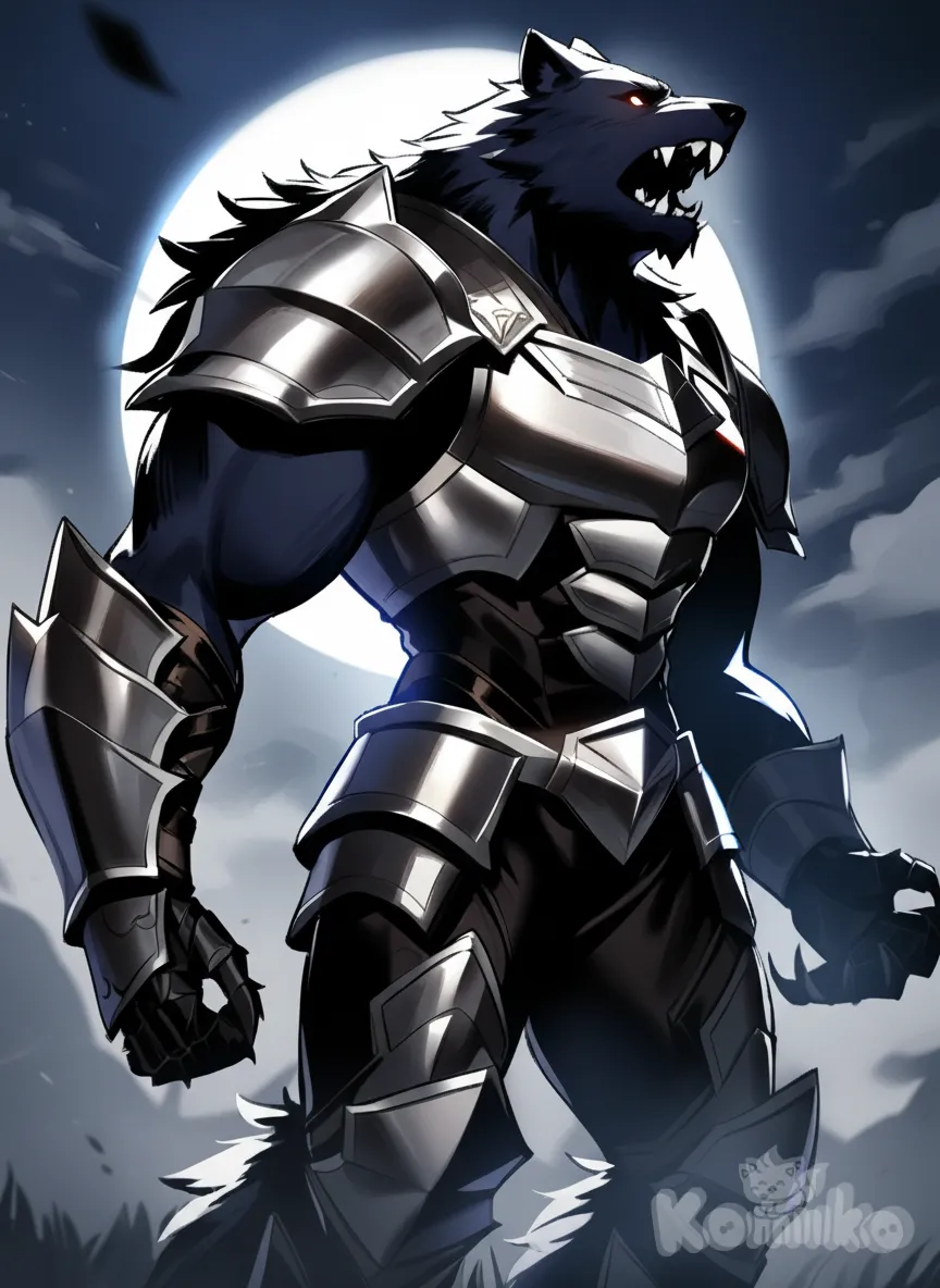 <blood-wolf-O2Tg>, A heroic werewolf standing under the full moon, half-human, half-wolf. Glowing amber eyes, sharp fangs, muscular body covered in sleek dark fur. Wearing a tight black combat suit with silver angular armor plates on chest, shoulders, forearms, and thighs. Clawed armored gauntlets and greaves. Dramatic moonlight highlights his powerful stance, mist around his feet, cinematic lighting, hyperrealistic concept art, 8k detail