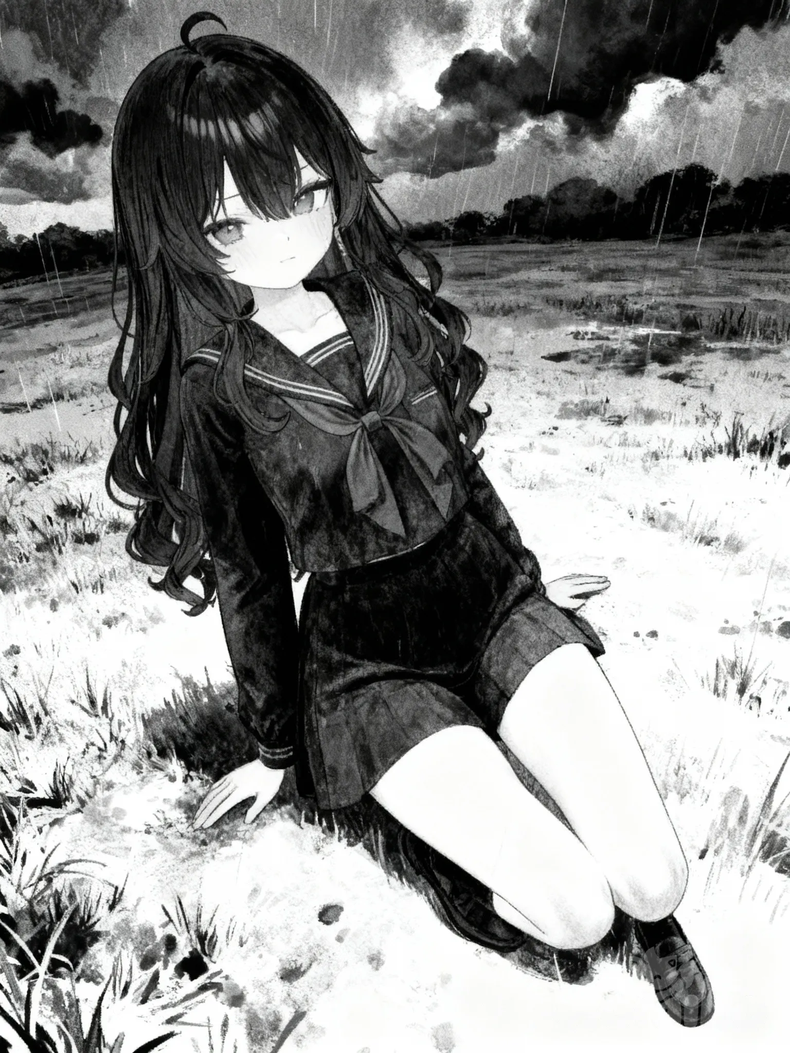 [grayscale-manga-style], @kaori-vxSs, depressed, school uniform, full body, rainy, tie, from above, day, field, cloud, charcoal black, looking back