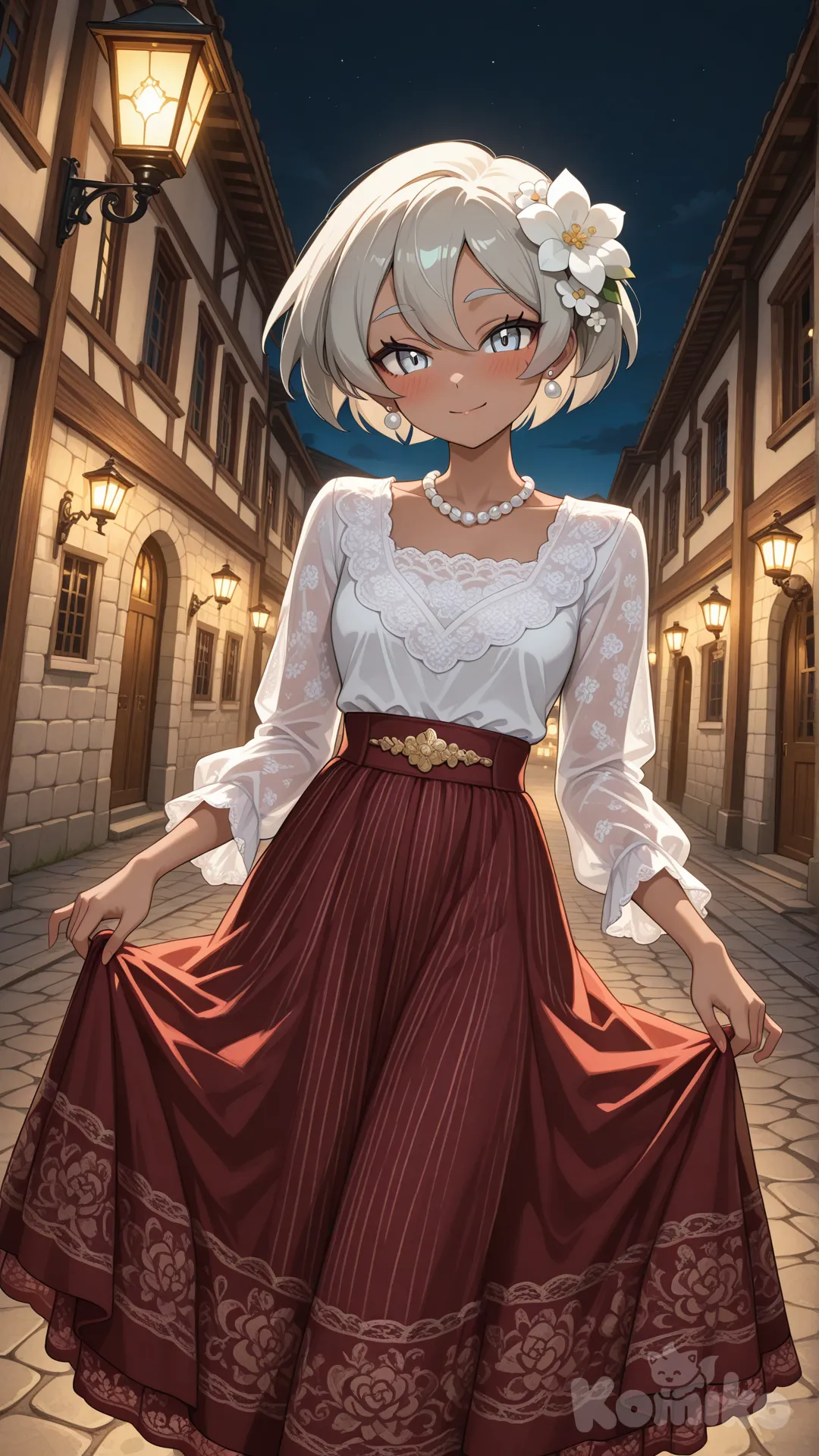 @Bea_(Pokemon) Bea from Pokémon, looking directly at the viewer blushing and smiling, wearing traditional Filipino Filipiniana attire (baro't saya in the style of Maria Clara), cream embroidered blouse with delicate lace, red striped skirt, pearl necklace and earrings, white sampaguita flower in her hair, elegant and graceful pose, warm soft lighting, semi-realistic anime style, Intramuros filipino spanish night background, textures on fabric, cinematic composition, high detail, quality.