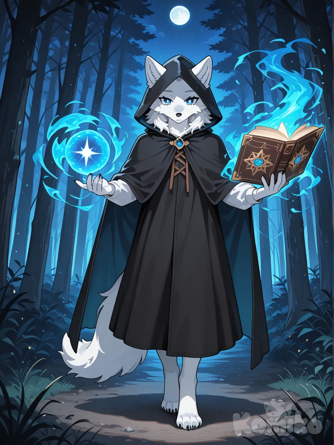 Furry, wolf, wolf tail, black and white fur, mage, black cloak, bright pupils, blue eyes, casting spell, blue colored magic, full body, night, forest, holding open grimoire in one hand