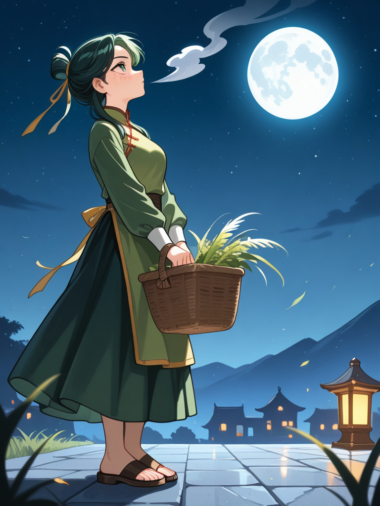 Maomao from apothecary diaries collecting herbs ad the moon rises and a breeze blows across her fave, hair and clothes