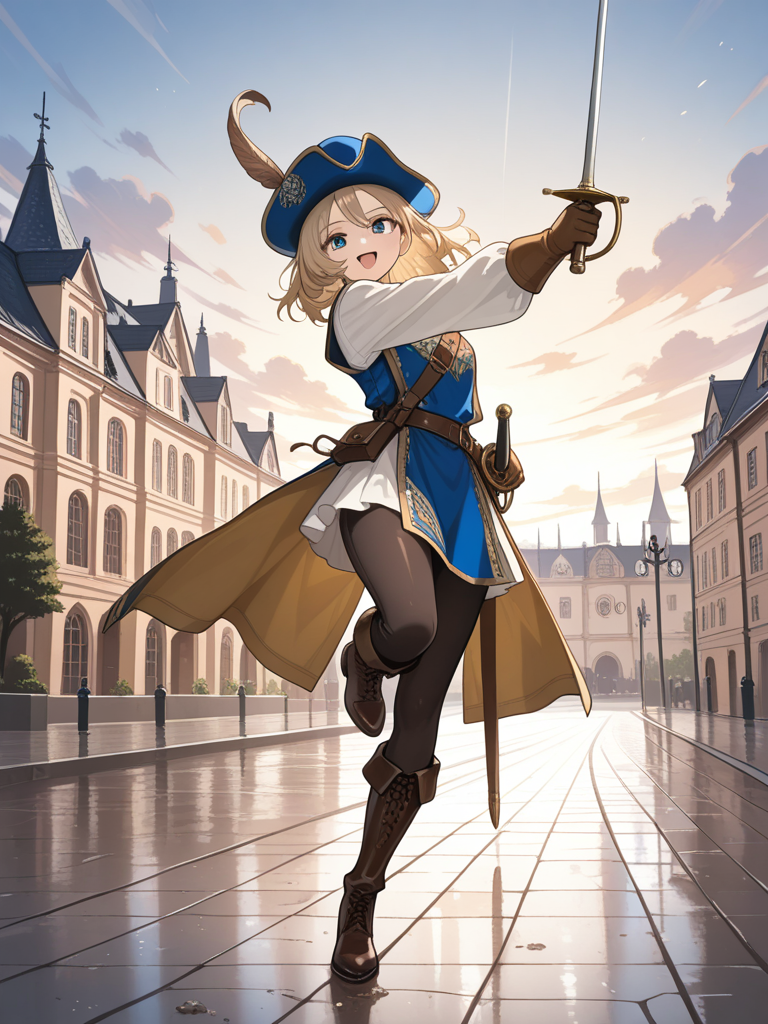 17th century musketeer from France, shes a young woman holding her long thin rapier sword out in a fencing posture, ready to duel who ever challenges her, light reflects off her shiny blade, shes enthusiastically smiling ready for action. She has dirty blonde flowing hair. image and outlines, extremely highly well made image