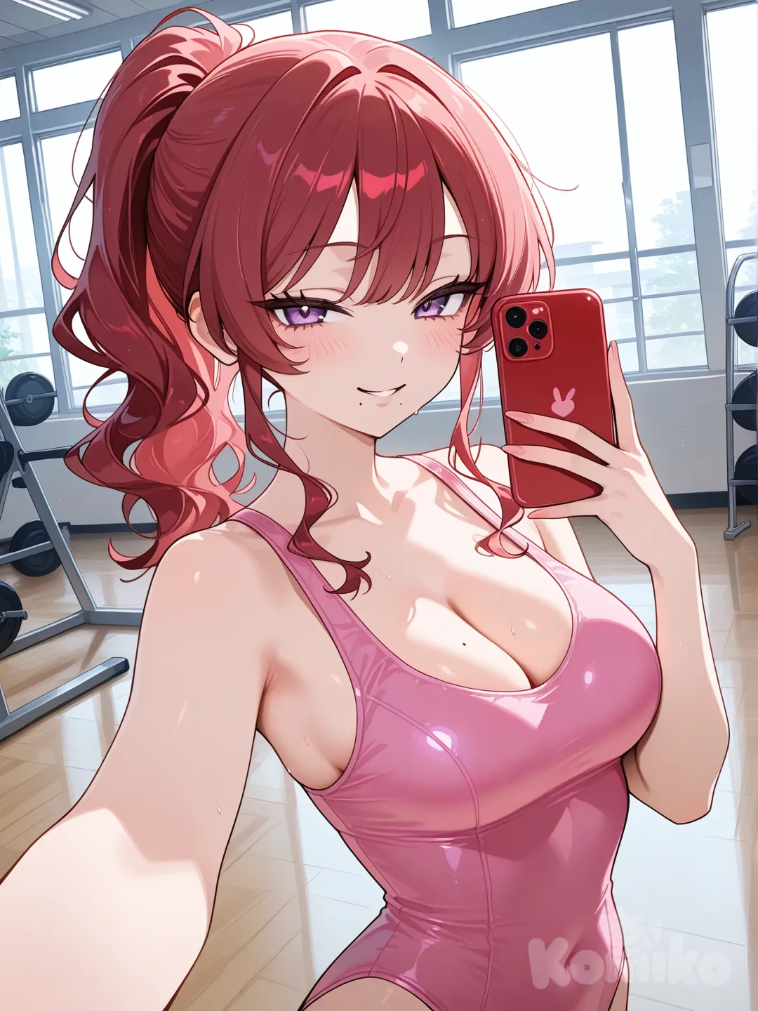 Mujer, cuerpo delgado, pechos artificiales medianos, lunar a la derecha del mentón, cabello semi ondulado, cabello rojo, cabello recogido, en ropa deportiva de una pieza , ropa deportiva de color rosado, escote grande, en el gimnasio, selfie sonriendo de forma coqueta