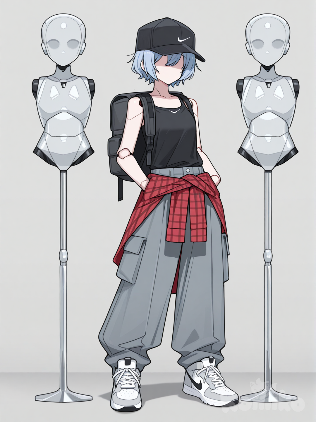 Create an artificial girl, her body a mix of a futuristic fashion mannequin and an articulated drawing dummy, her body made of matte gray carbon fiber with polished silver parts, her head a simple matte gray mannequin head with medium-sized decorative holes, no mouth, nose, or eyes, her face completely featureless. She wears a black skater hat, blue hair peeking out, a black sleeveless shirt, skateboard pants with pockets, Nike shoes, a backpack, and a tied flannel shirt. She has a relaxed, attractive pose. Her face is completely devoid of human features and (MUST NOT HAVE HUMAN SKIN)., [toon-shaded-style]