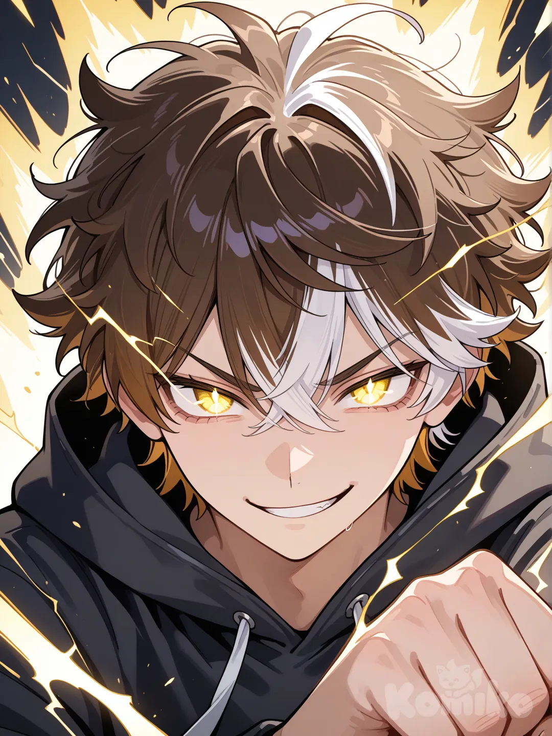 A boy, about 14 years old, very close to me, defiant smile, brown and white hair, slightly raised, yellow eyes, lightning in his eyes, black hoodie, pose about to fight, lightning around him