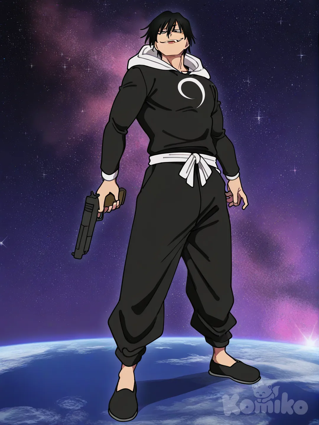1boy, Fushiguro Touji, [clean-lines-style], holding gun, evil smile, hoodie, full body, cosmic background