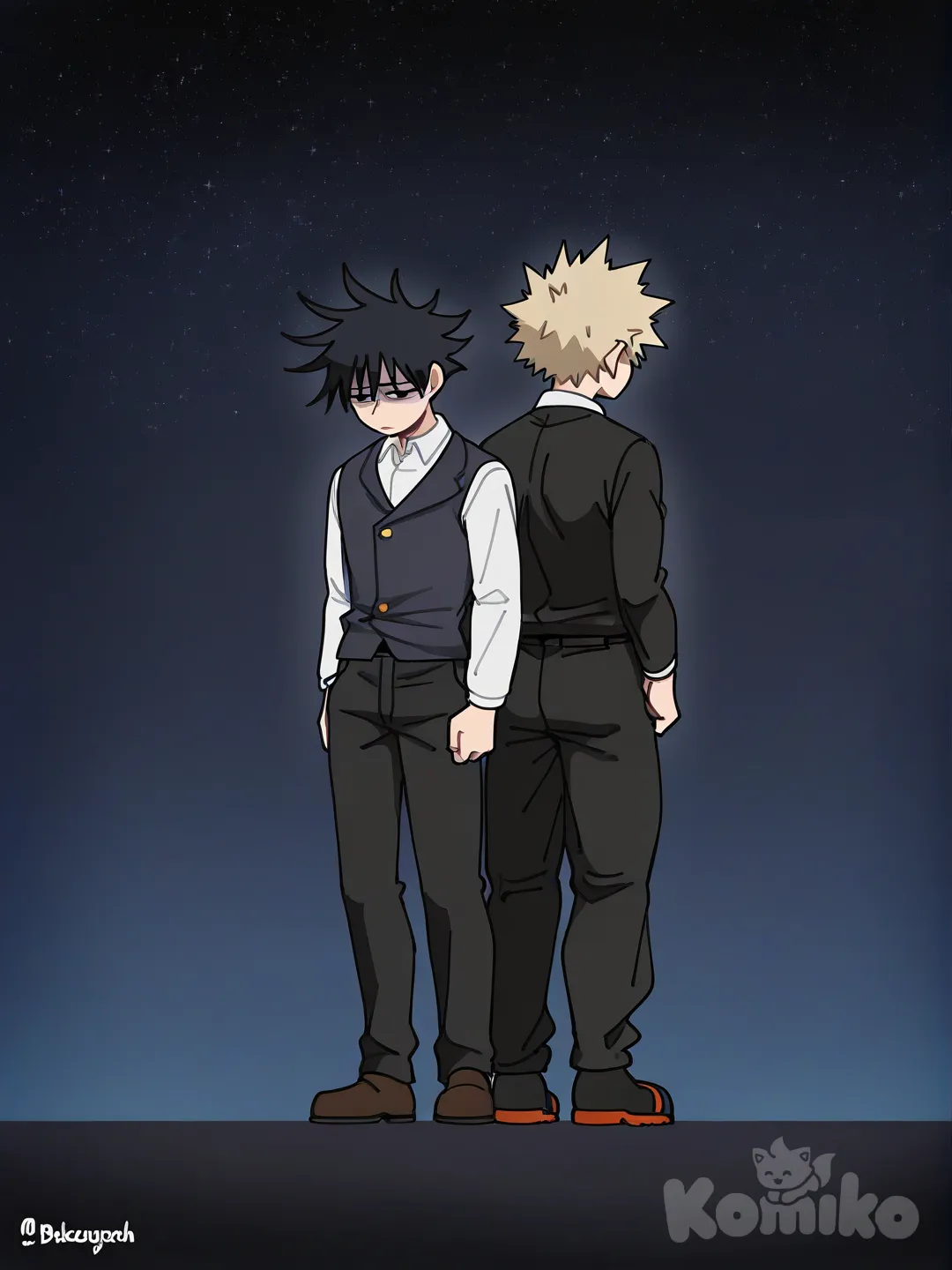 Bakugou Katsuki, 2boys, Fushiguro Megumi, [clean-lines-style], back to back, depressed, school vest, starry sky