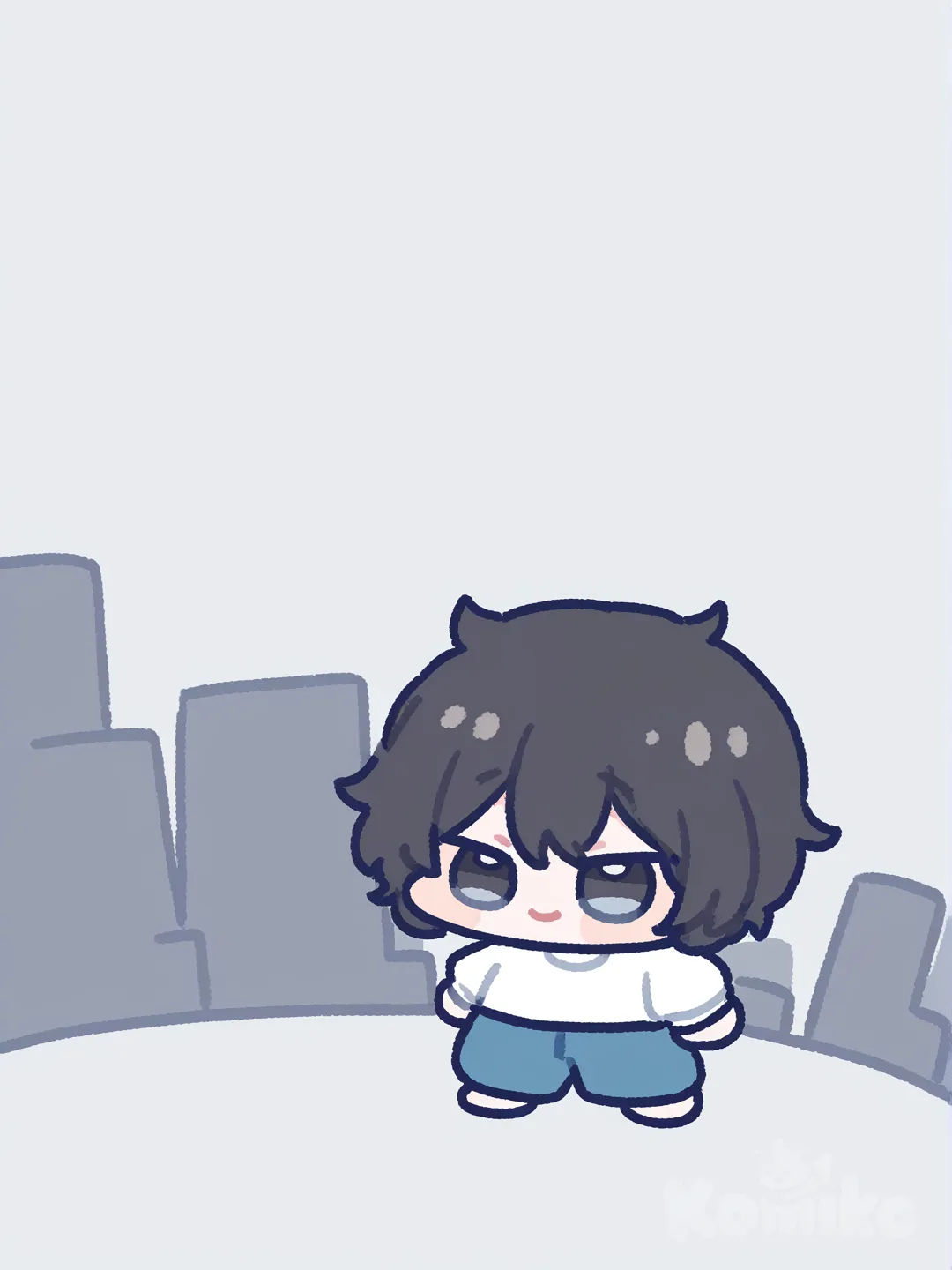 2people, 1boy, 1girl, 2people, @Flower_(Vocaloid4), @L_Lawliet, [chibi-sticker-style], smile, cityscape