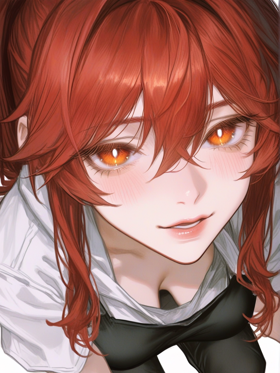 [semi-realistic-portrait-style] 1girl, beautiful, long_hair, red_hair, high_ponytail, amber_eyes, white_pupils, beautiful_eyes, expressive, gentle_expression, large_breasts, even_skin_tone, single character, full body, looking at viewer, anime style, simple background, white background