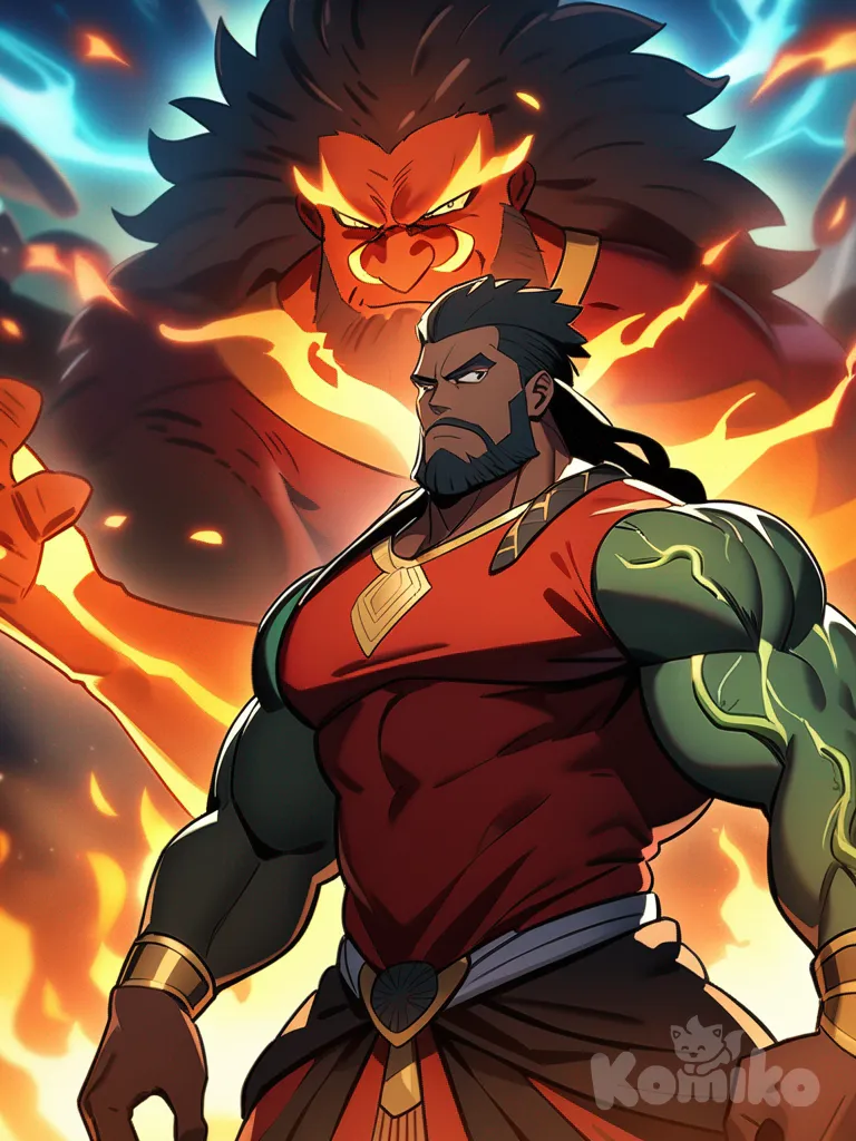 An epic anime poster for a series called "African Gods." At the center, a powerful African hero with a low cut fade and full beard, wearing a fitted red t-shirt that shows his big muscles. He raises one hand, summoning fire that glows across his body with fiery veins. His expression is determined and fierce. Behind him stand ten African gods, each unique with elemental powers: lightning, water, sand, wind, stone, vines, shadows, light, ice, and fire. Each god has a distinct African-inspired design, majestic and powerful.

In the background, a sinister white villain towers with glowing chains of energy snaking around him, representing a slave master. His aura is dark and menacing, his chains stretching toward the hero. The gods prepare for battle behind the hero, each unleashing their elemental powers in dramatic poses.

The composition shifts between epic battle and emotional depth: flames clashing with chains, sparks flying, speed lines and glowing effects, chaotic energy as powers collide. Other panels show the hero resting by a campfire at night with his allies, his face soft and thoughtful, the gods relaxing with dimmed powers. The finale shows the hero shirt torn from battle, flames blazing from his fists, gods channeling their combined energy, unleashing a final strike against the villain’s chains.

Anime shonen style, bold lines, cinematic wide shots, close-ups, dynamic poses, dramatic shading, and glowing energy effects. The title “AFRICAN GODS” is bold and epic at the top.