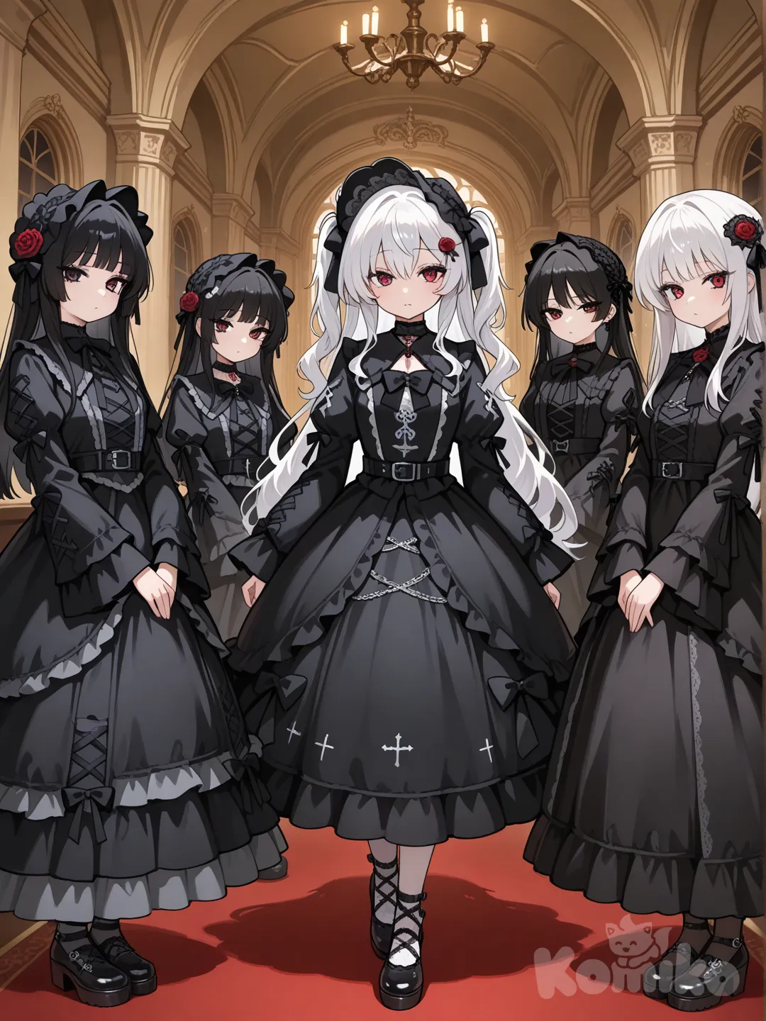 5 girl, black hair, rose on hair, gothic lolita, black dress, white hair