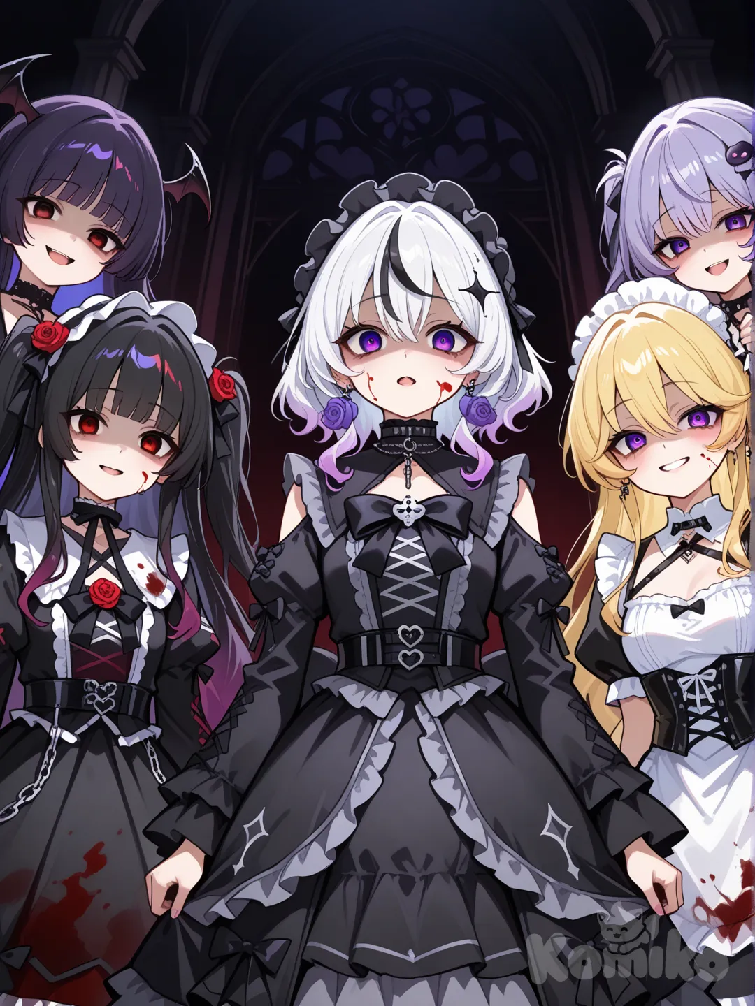 5 girl, black hair, rose on hair, gothic lolita, black dress, white hair, blood, dangerous, yandere, yandere, kuudere, yangire, himedere, yellow hair, purple hair