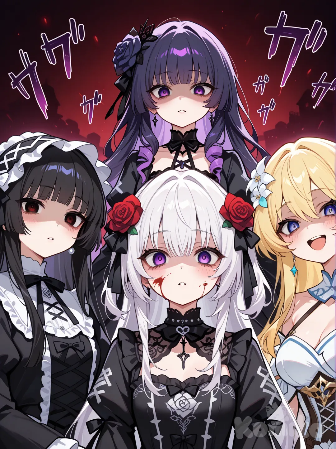 5 girl, black hair, rose on hair, gothic lolita, black dress, white hair, blood, dangerous, yandere, yandere, kuudere, yangire, himedere, yellow hair, purple hair