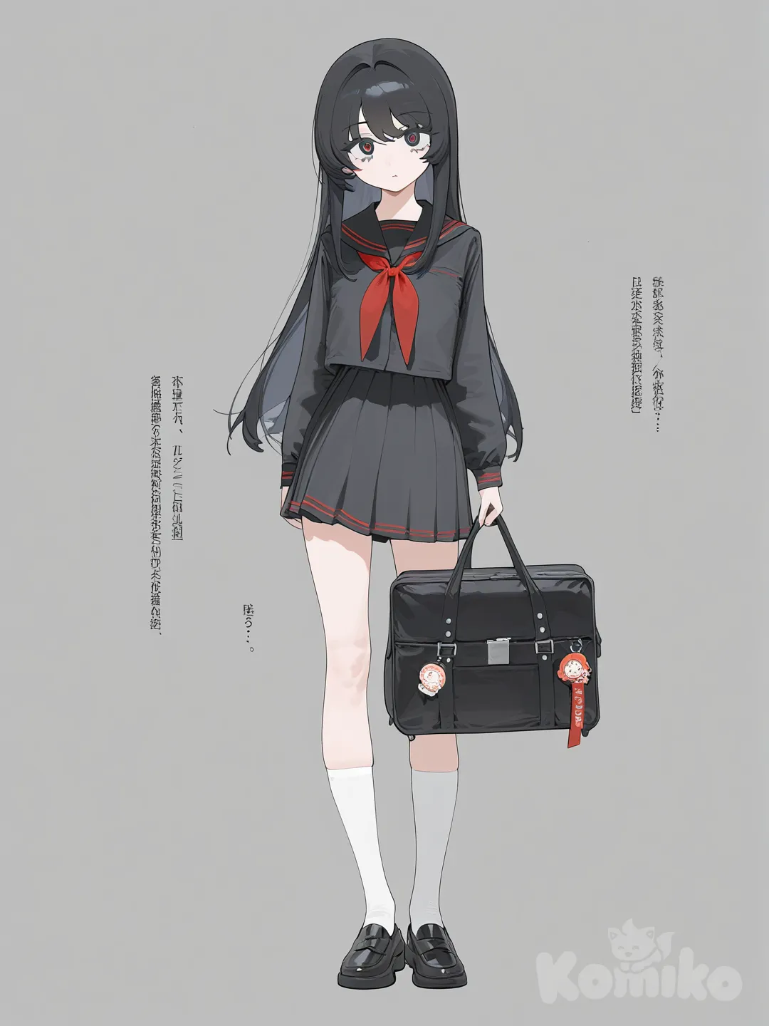 1girl, [vibrant-anime-style], school girl, sailor uniform, school bag, yandere, dress shirt, long hair, black hair, black outfit, full body
