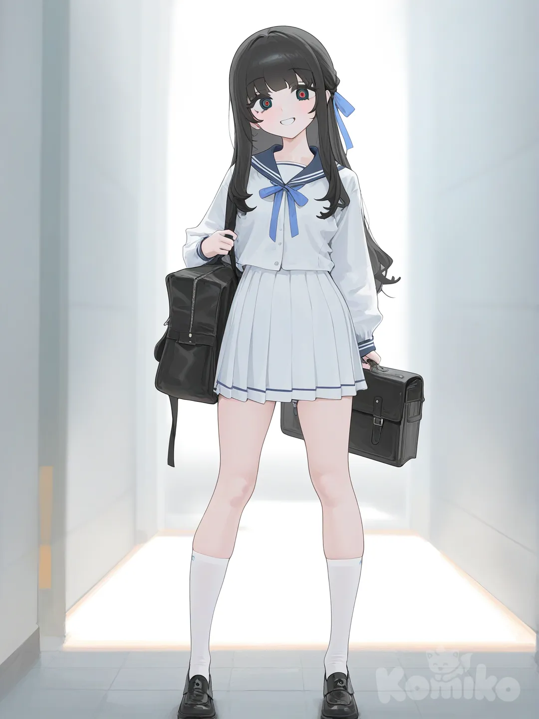 1girl, [vibrant-anime-style], school girl, sailor uniform, school bag, yandere, dress shirt, long hair, black hair, blue dress, full body