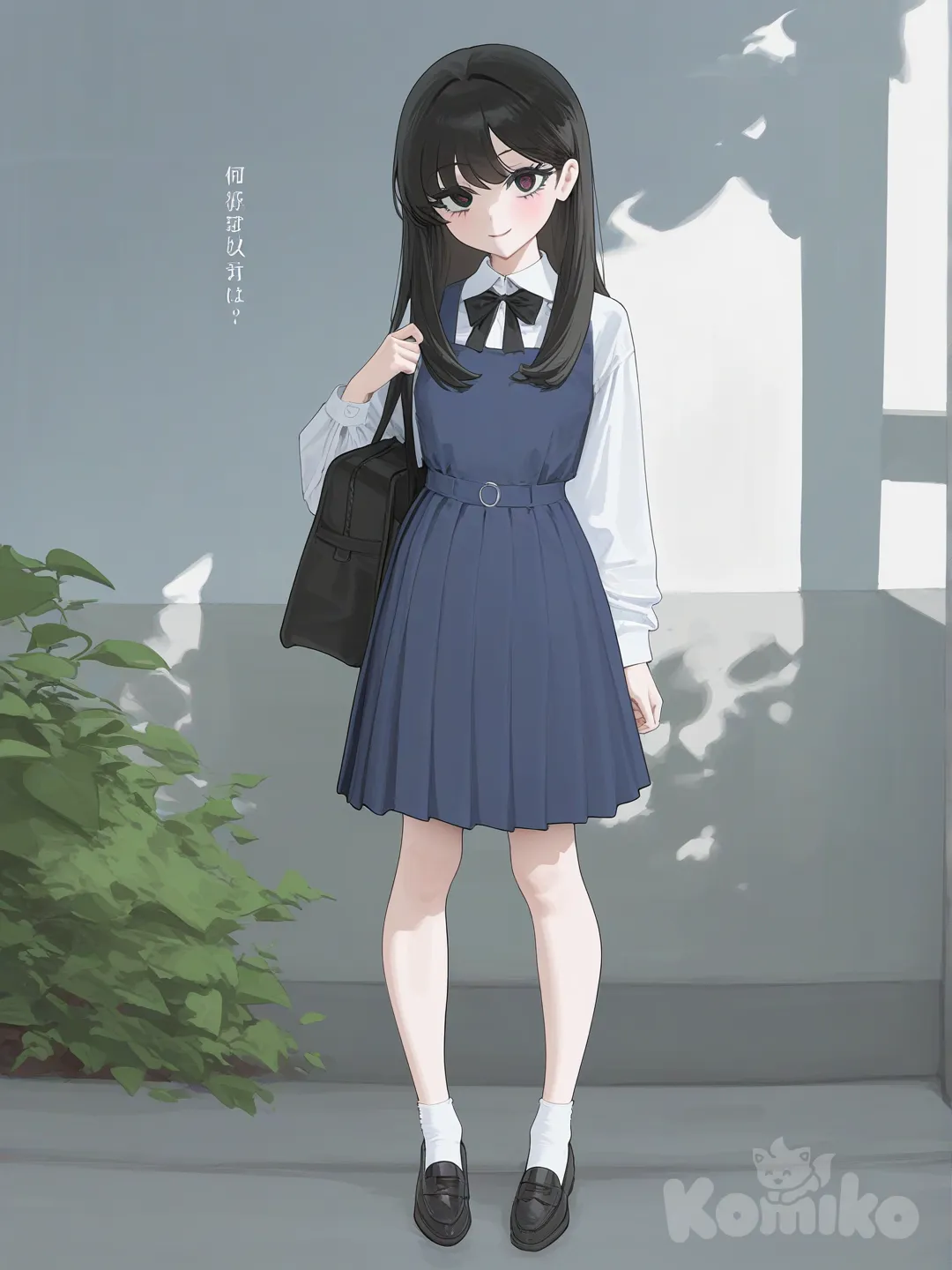 1girl, [vibrant-anime-style], school girl uniform, school bag, yandere, dress shirt, long hair, black hair, blue dress, full body
