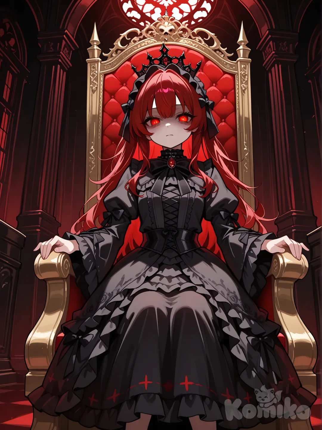 gothic lolita, blood hair,yandere, kuudere, red eyes, charming, dark castle, horror (theme), 1girl, queen, sitting on the throne,cold, no smile