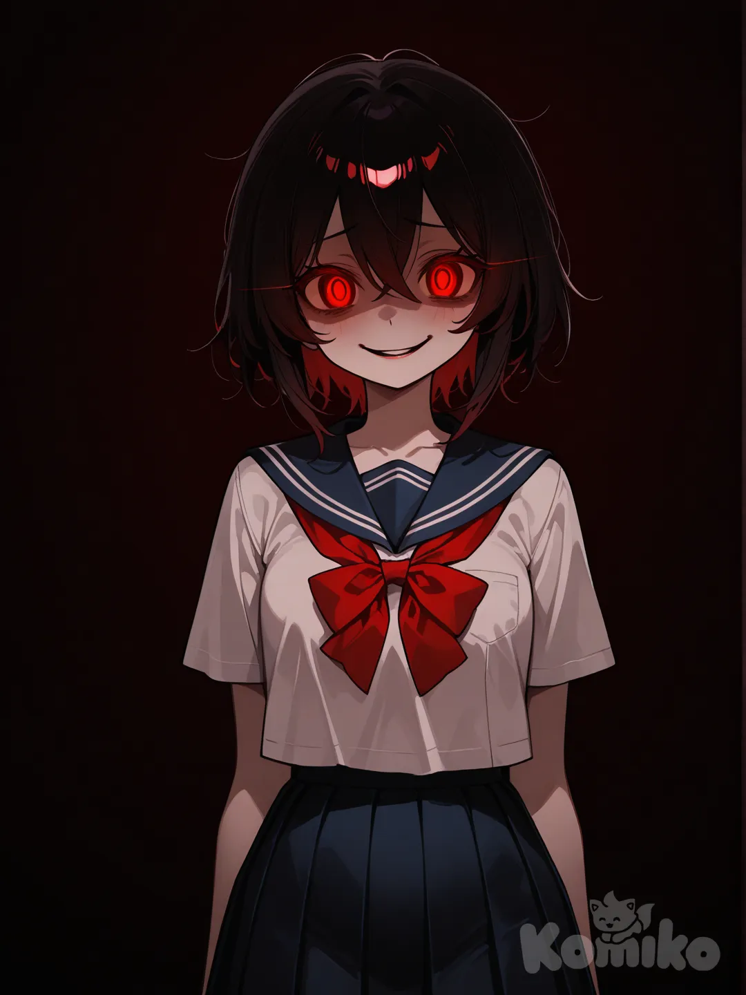 monster girl, creepy pasta, school girl outfit, horror (theme), no blood, no smile, yandere