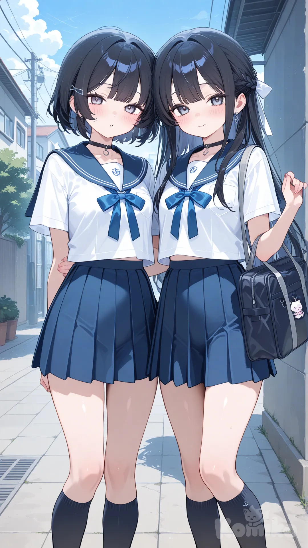black hair, 2girls,school girl outfit, twins