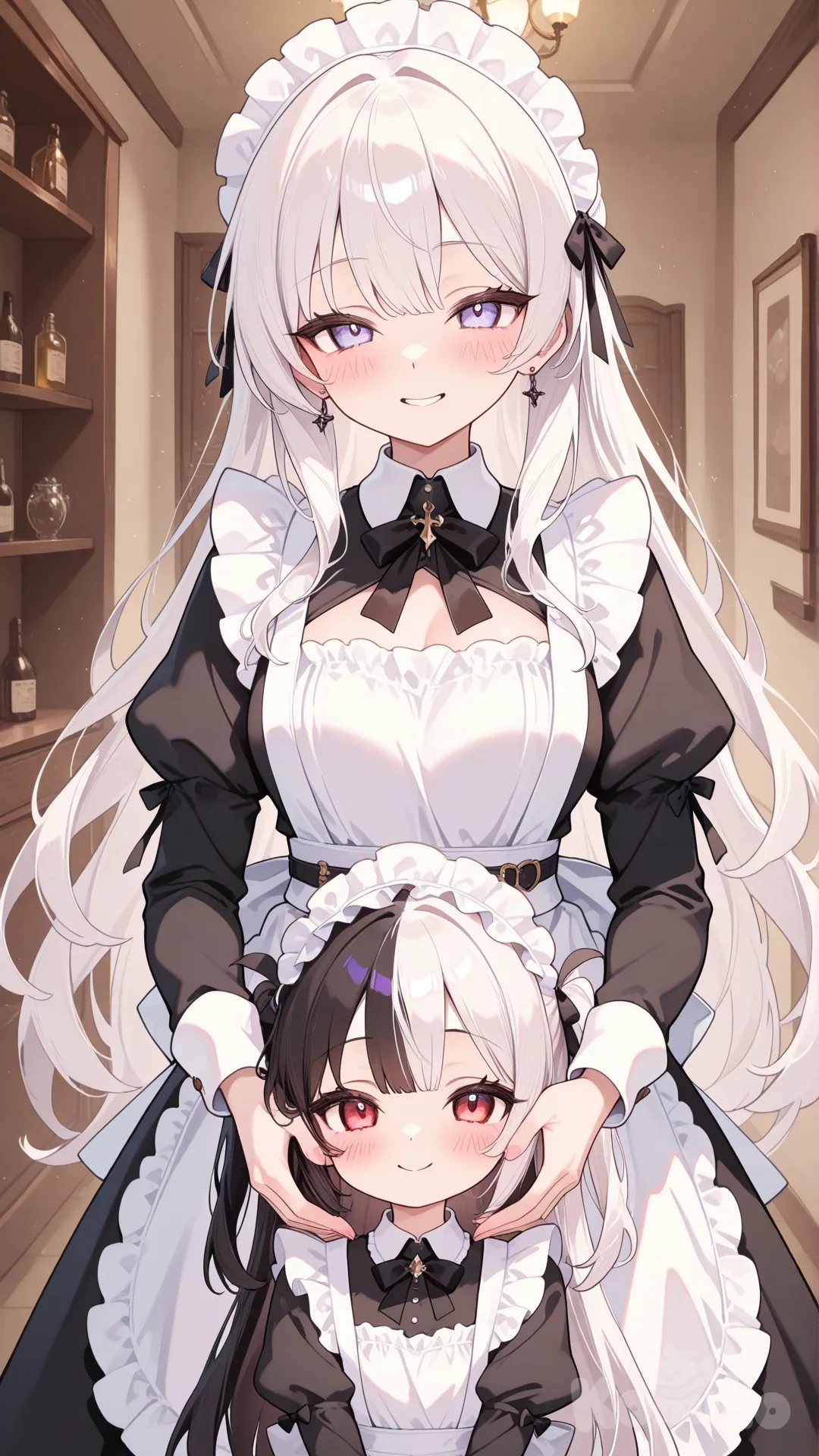 1girl, fantasy, maid, half black half white hair, beautiful, charming,perfect balance