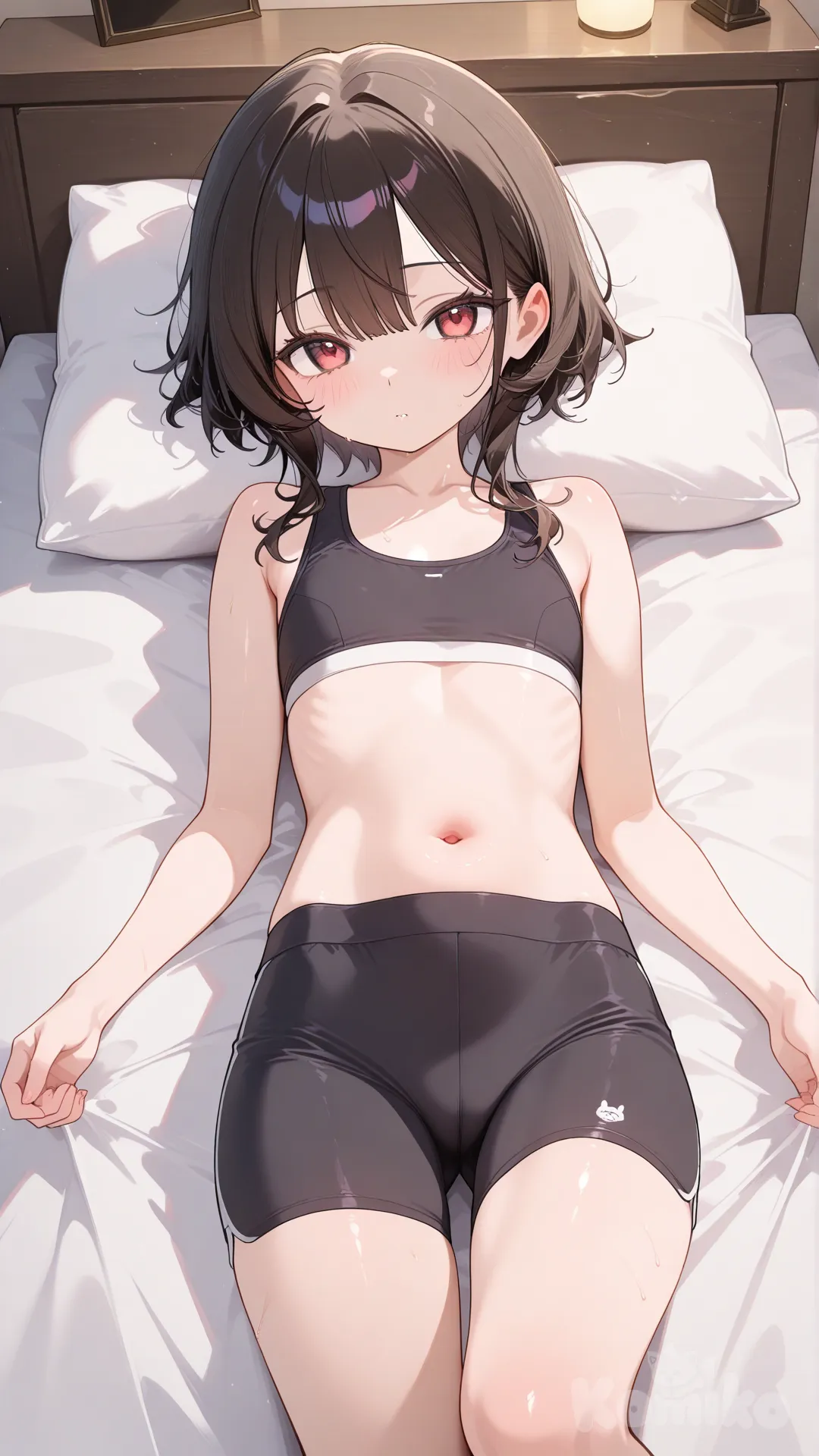 loli, small breasts, black sports bra, sports short black, laydown bed