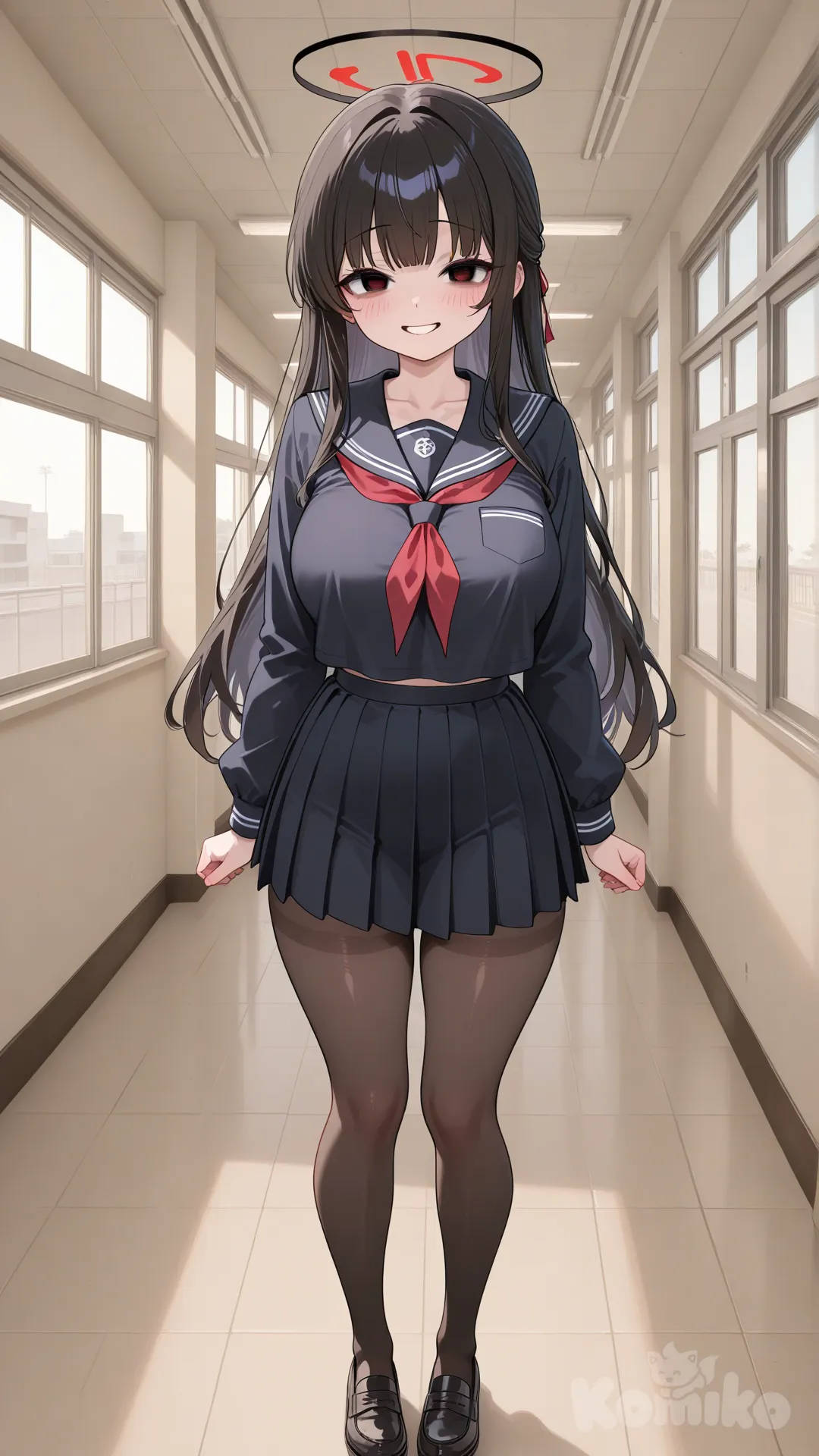 Black school outfit, black hair, standing in the school hallway, big boobs, full body, little yandere, no blood,black tights