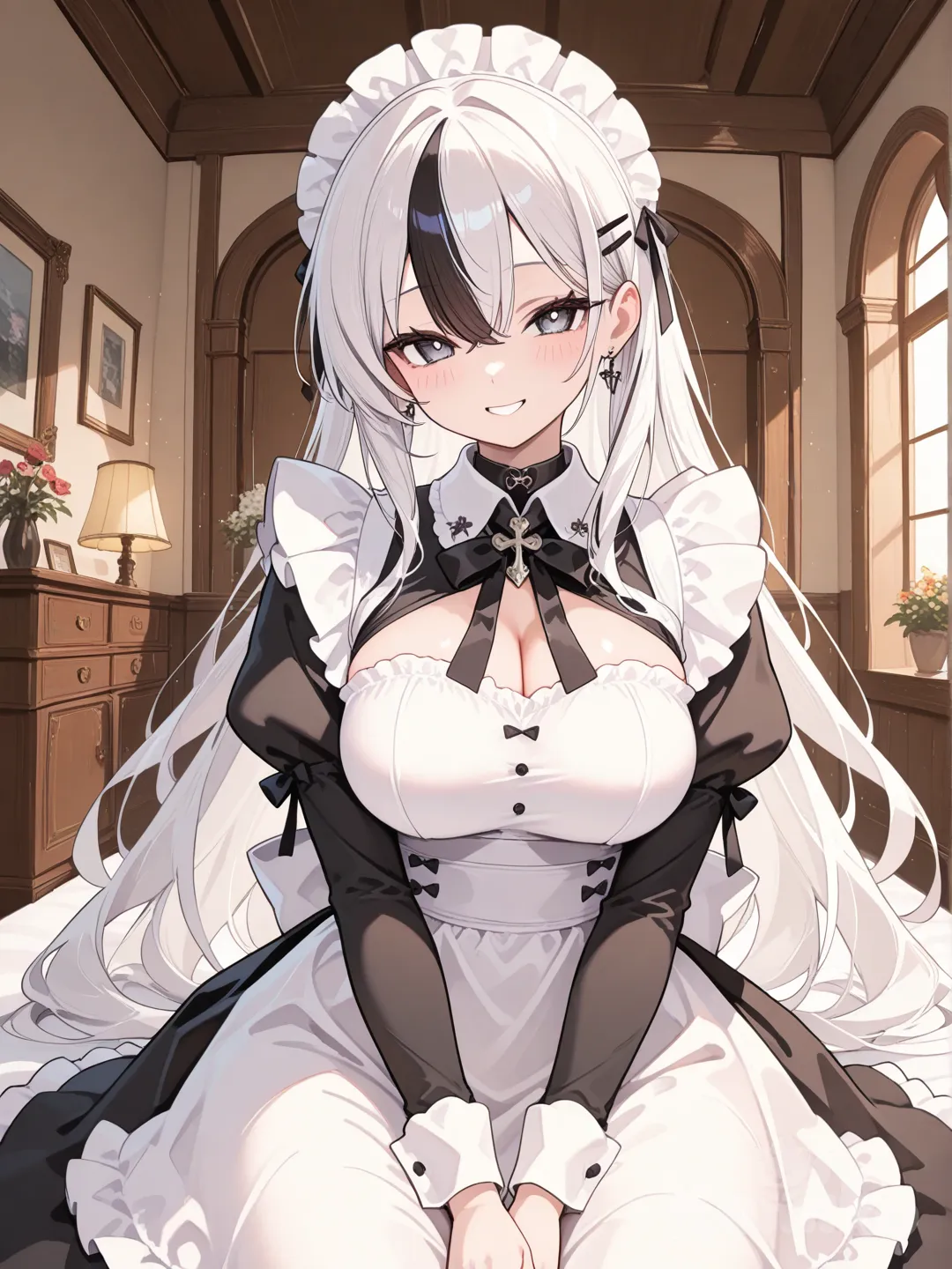 1girl, fantasy, maid, half black half white hair, beautiful, charming,perfect balance