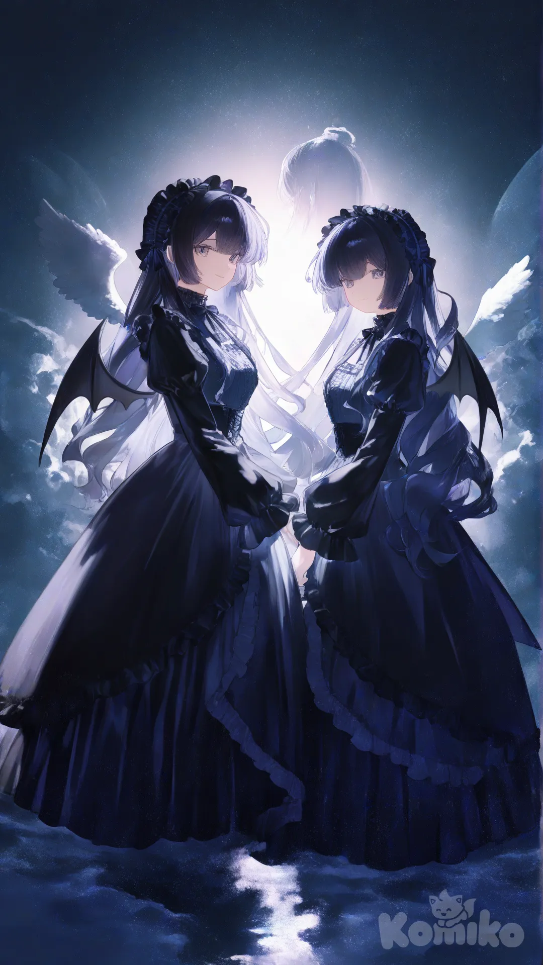anime illustration, modern anime style, 2 girl, smile, little sad, angel girl, demon girl, gothic lolita black, angel dress, demon wings, angel wings,standing next to each other, [moody-glow-style]