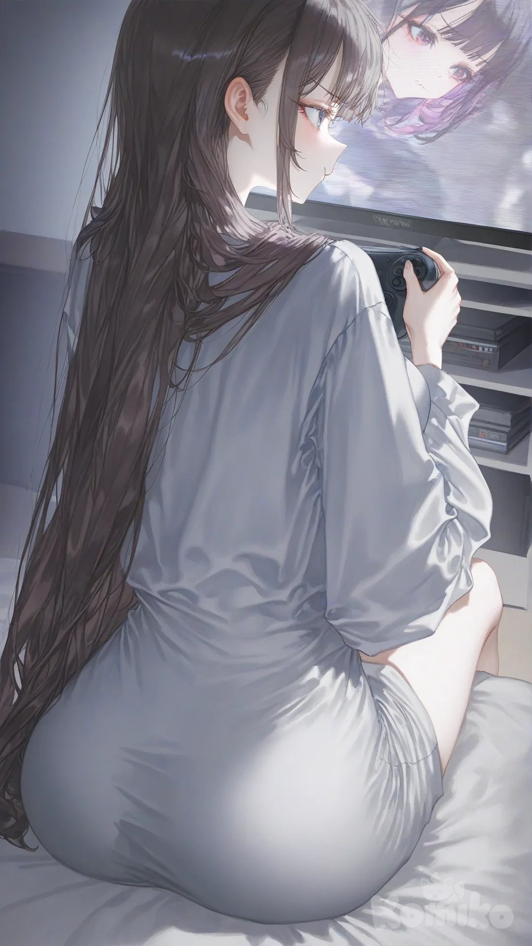 [soft-light-illustration-style]
soft anime illustration, pastel colors, gentle shading, dreamy atmosphere, sisters, big boobs, chestnut brown hair,long straight hair,home casual outfit,sitting and playing video game, tsundere-like expression, big ass