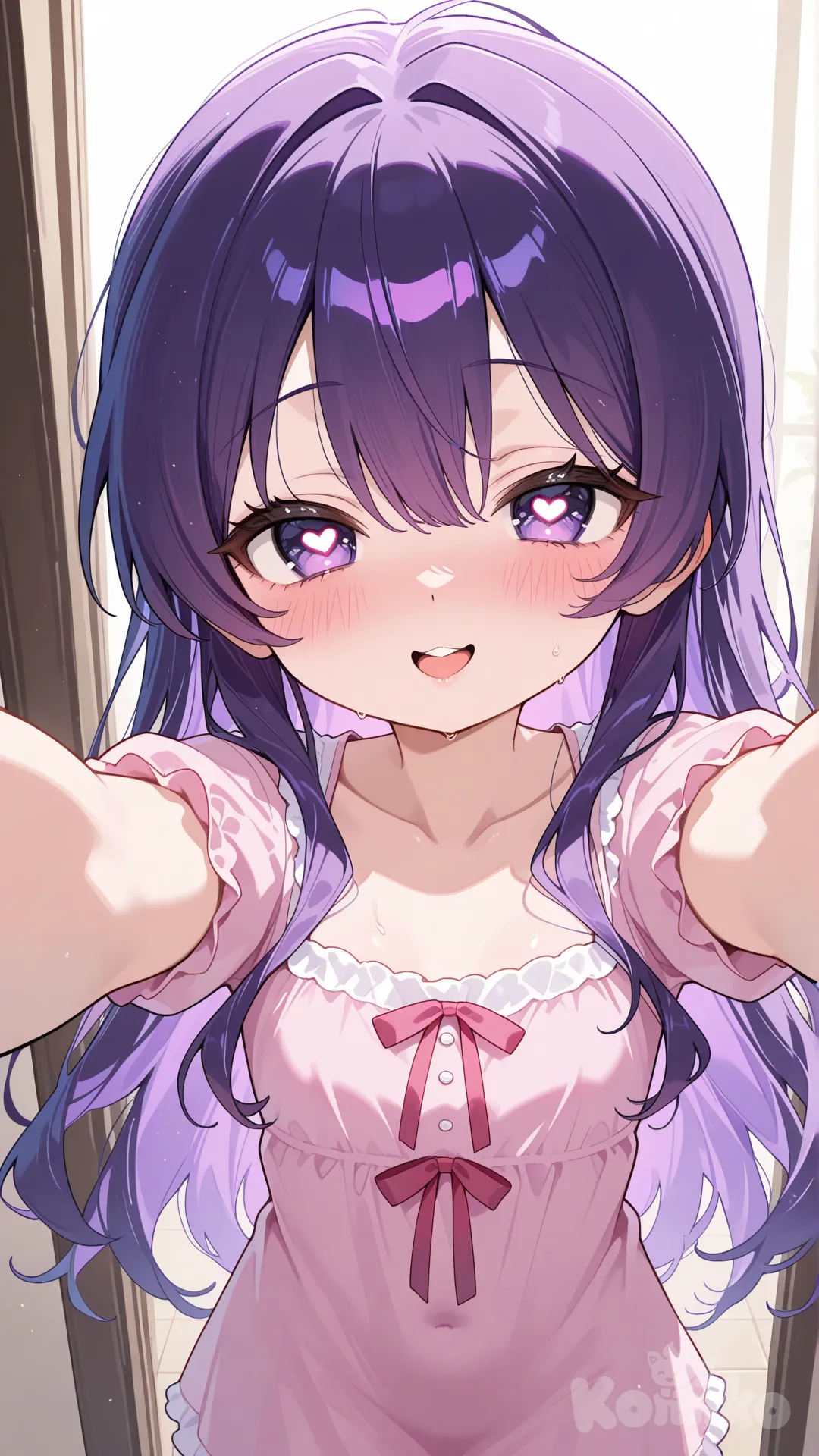 Loli, cute, purple hair, kawaii, daughter, small breasts, long hair,1 girl, pink sleeping dress, kiss, Open arms, waiting for a hug, Open your mouth wider