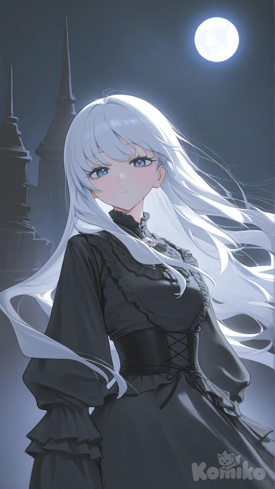 Dark castle, standing,1 girl, moon night, night, dark fantasy, princess,white hair, lonely, closer view,black Gothic lolita, [vibrant-anime-style]